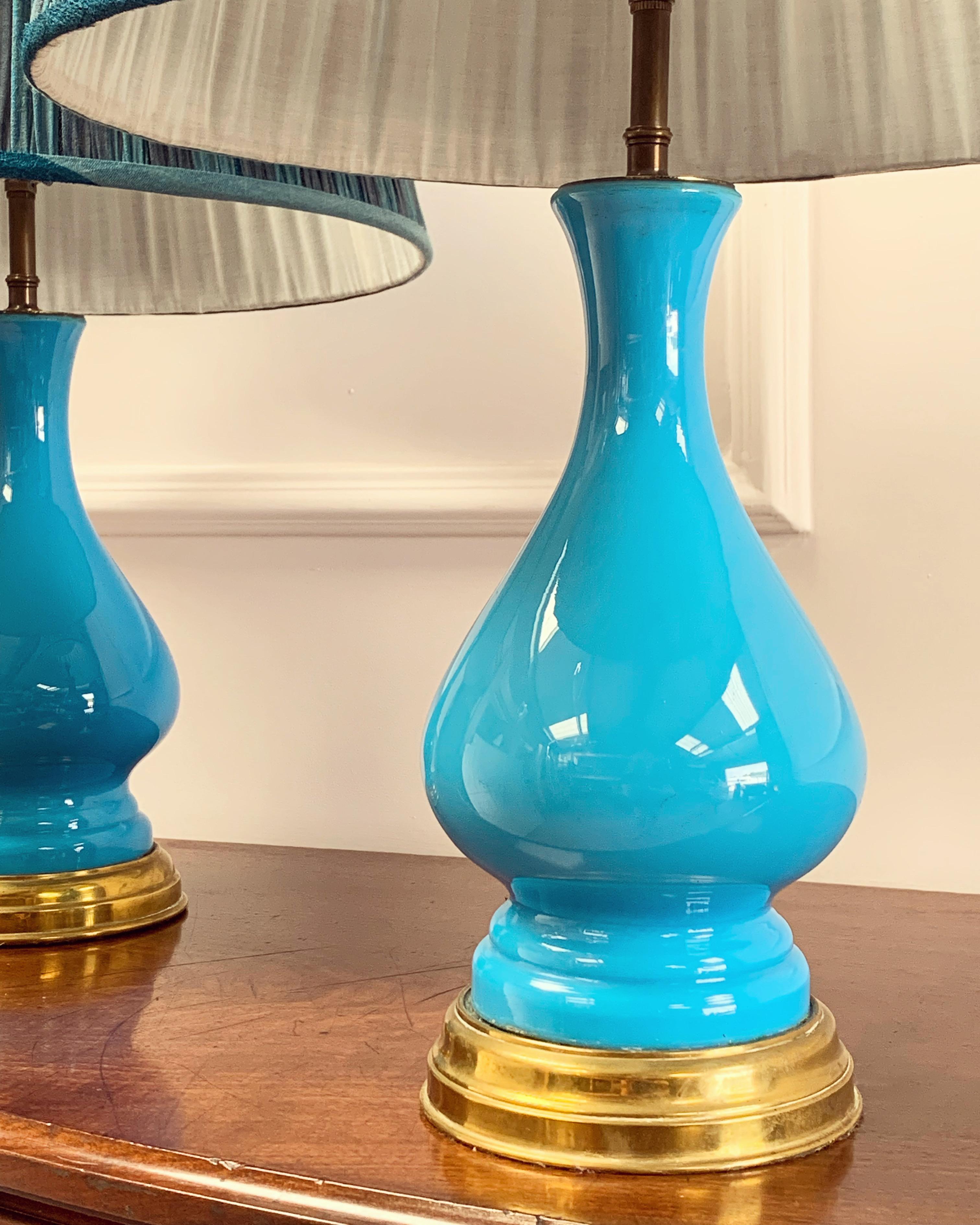 Louis XV A Pair of Nineteenth Century Blue Opaline Vases As Lamps 