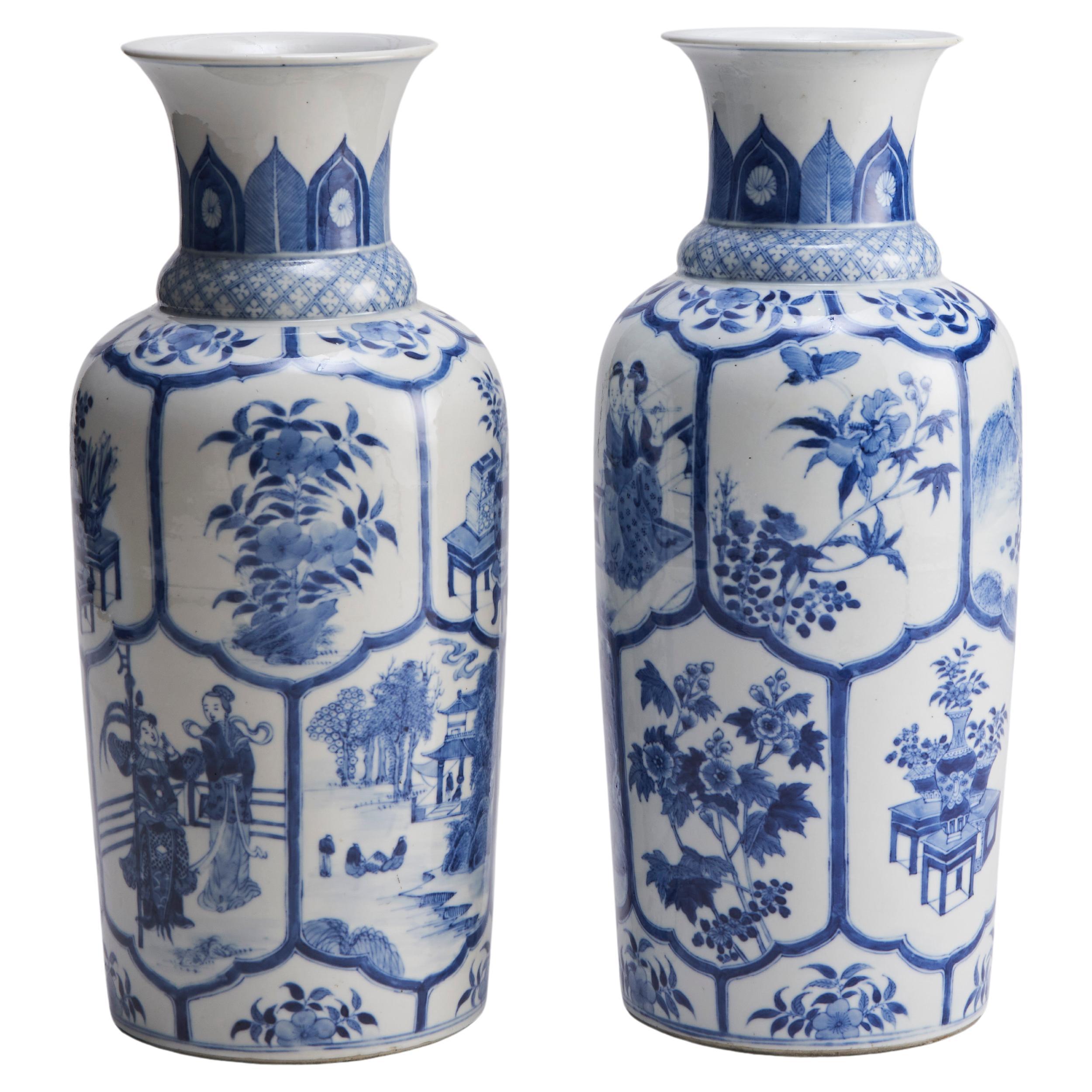 A pair of Nineteenth Century Chinese blue and white baluster form vases (Circa 1 For Sale