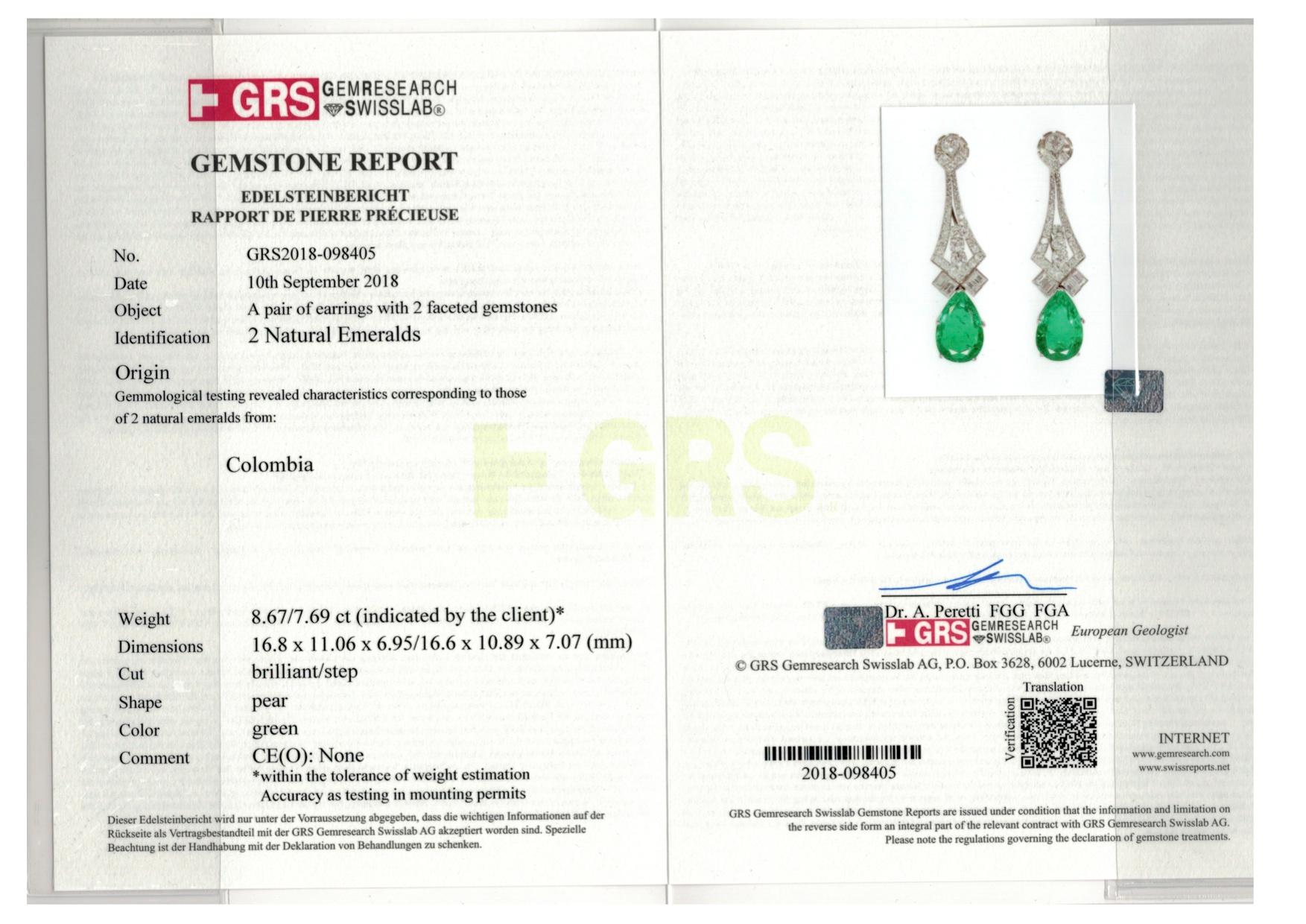 A Pair of No Oil Colombian Emerald and Diamond Drop earrings Certificated by GRS
A rare and important pair of Colombian emeralds that have received no form of treatment or enhancement whatsoever. The pear-shaped emeralds weigh 8.67 carats and 7.69