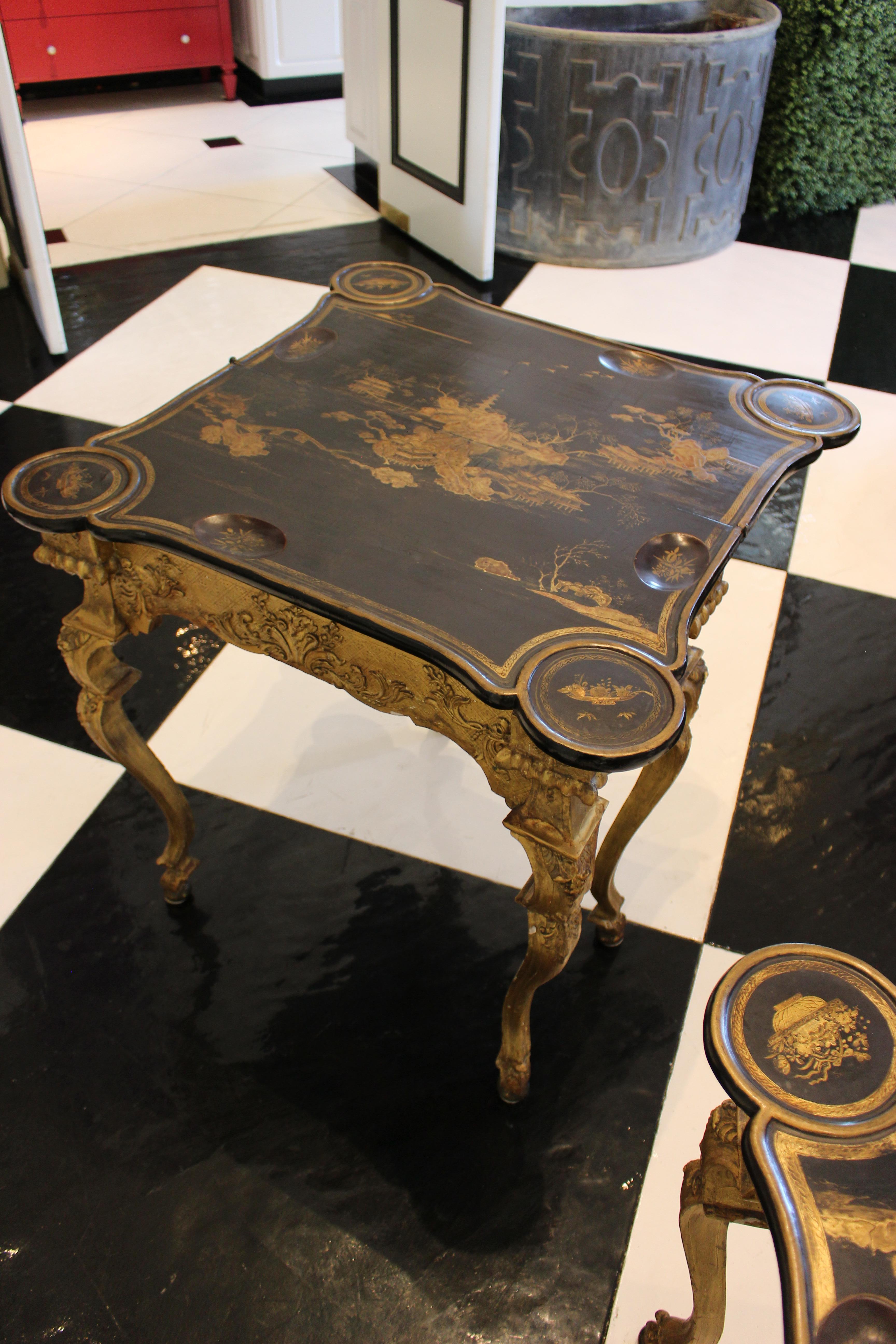 Mid-18th Century Pair of North European Giltwood Game Tables with Chinese Export Lacquer Tops For Sale