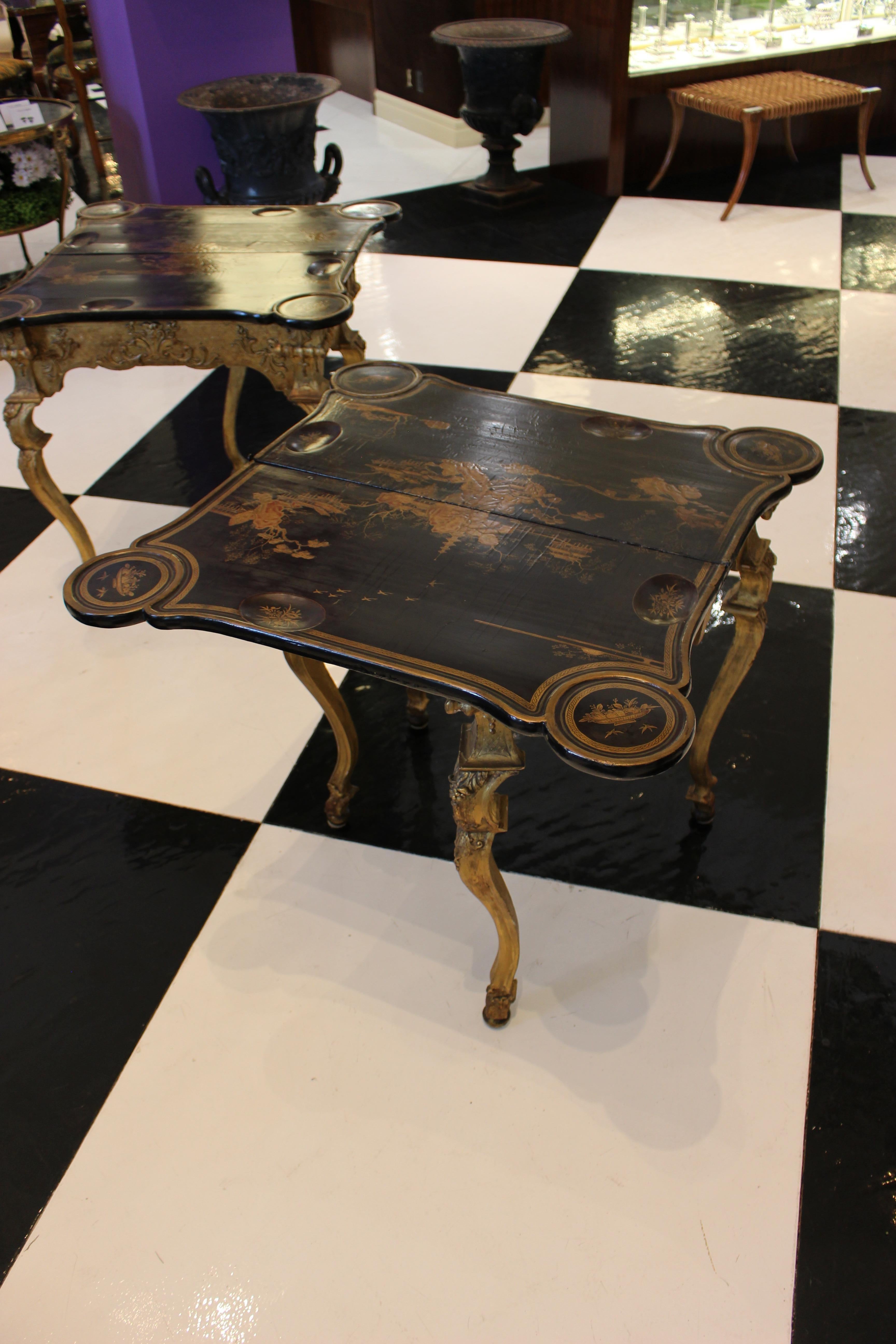 Pair of North European Giltwood Game Tables with Chinese Export Lacquer Tops For Sale 1