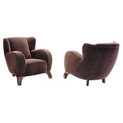 A Pair of Oak and Mohair Art Deco Armchairs, Europe 20th Century
