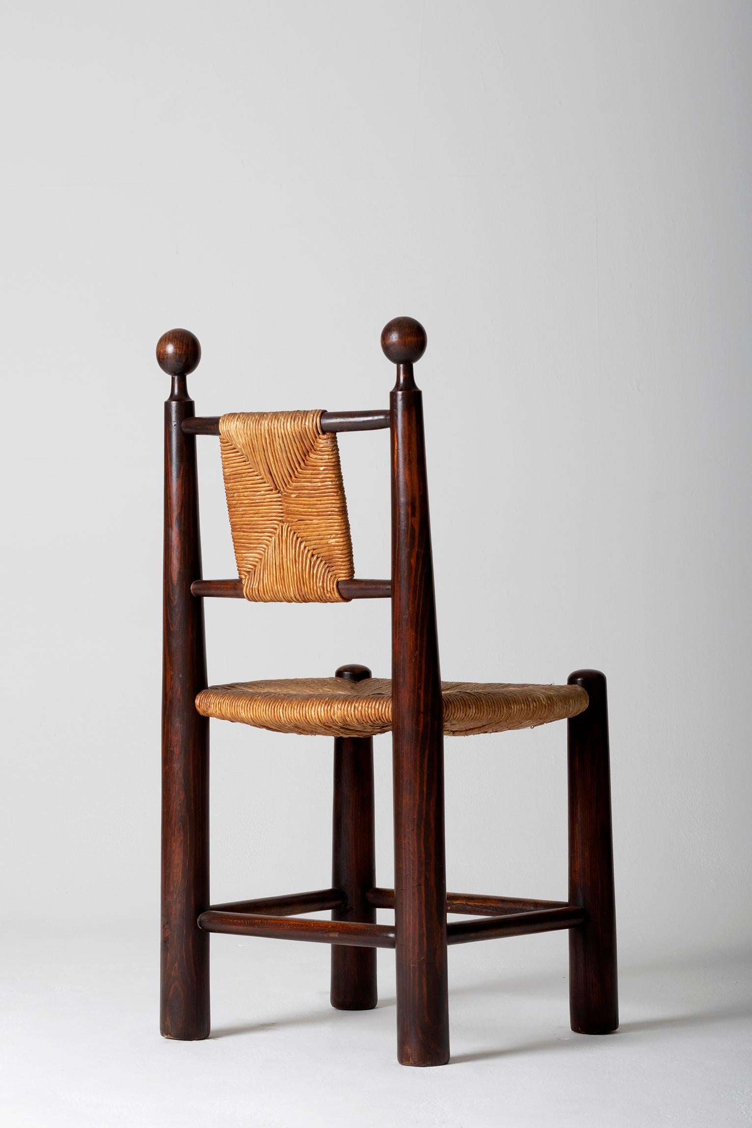 French Pair of Oak and Straw Chairs in the Manner of Jean Royère