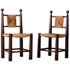 Pair of Oak and Straw Chairs in the Manner of Jean Royère