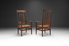 A Pair of Oak and Woven Rush High Back Armchairs, France 1940s