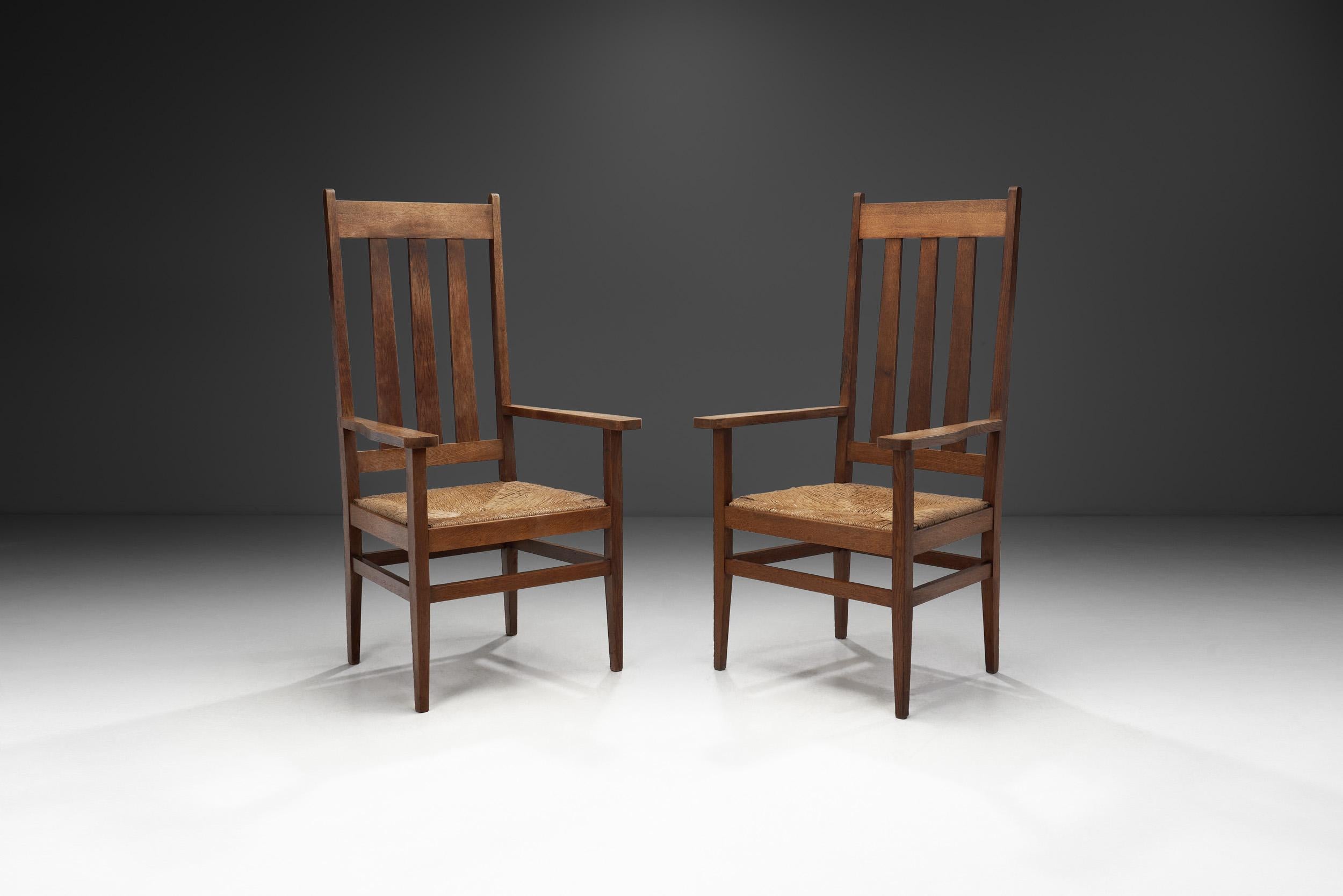 Mid-Century Modern A Pair of Oak and Woven Rush High Back Armchairs, France 1940s For Sale