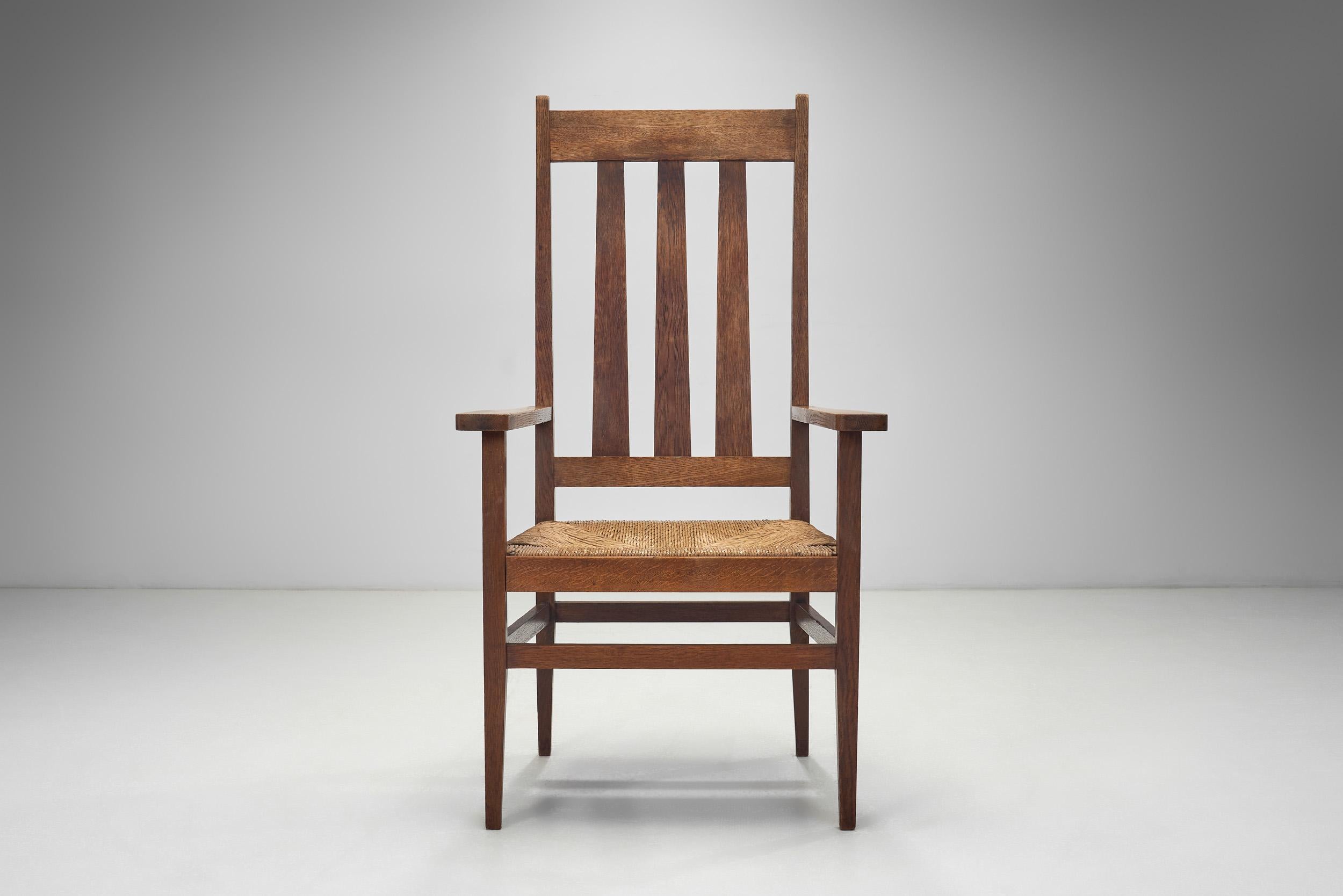 Mid-20th Century A Pair of Oak and Woven Rush High Back Armchairs, France 1940s For Sale