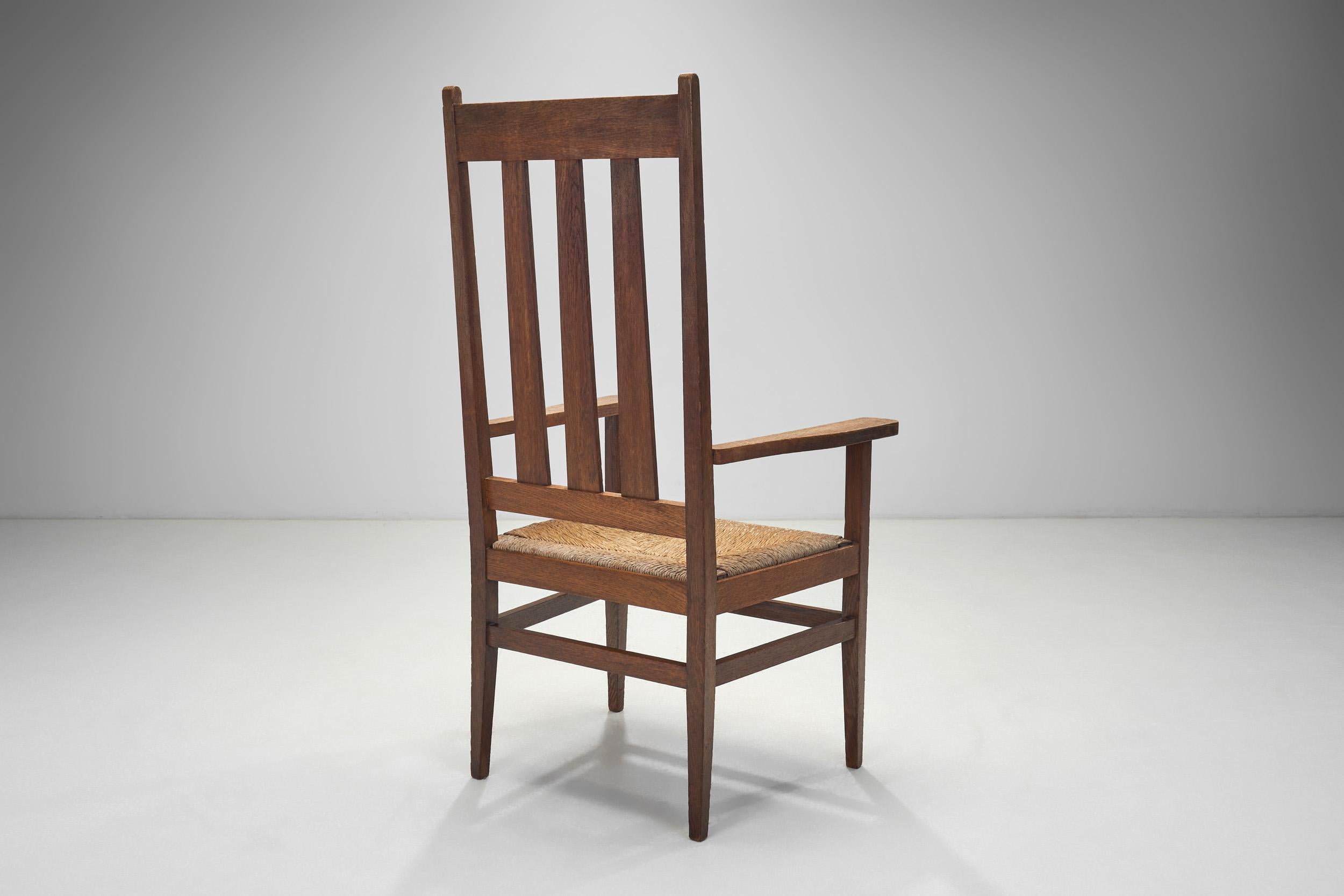A Pair of Oak and Woven Rush High Back Armchairs, France 1940s For Sale 1