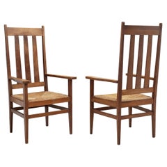 A Pair of Oak and Woven Rush High Back Armchairs, France 1940s