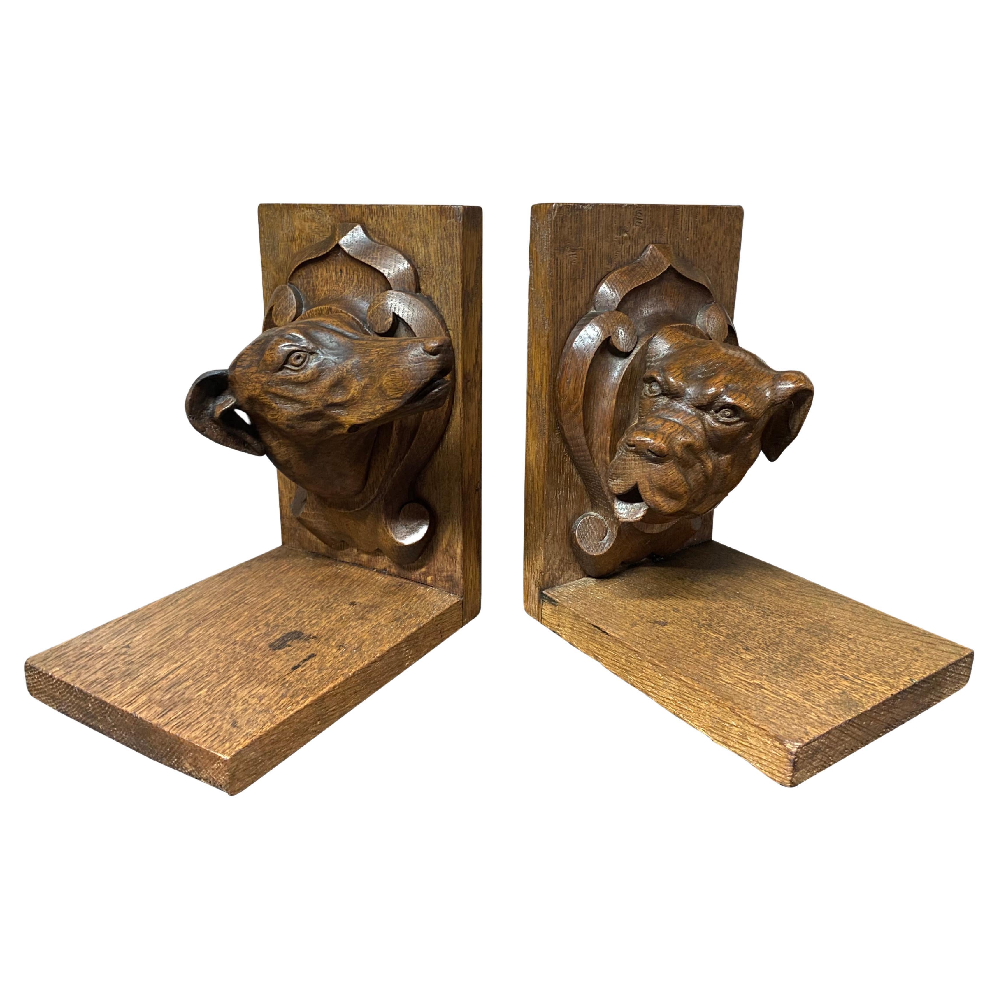 Pair of Oak Animalier Dog Sculptures Bookends