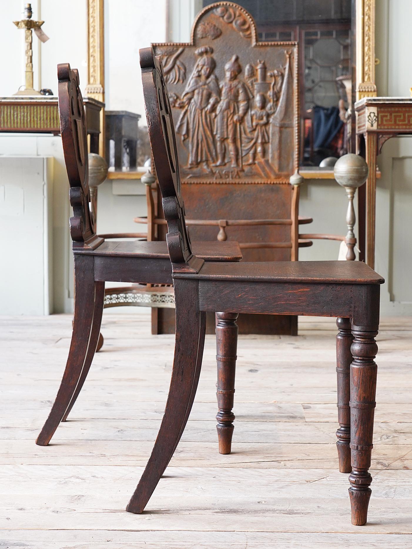 Pair of Oak Armorial Hall Chairs 4