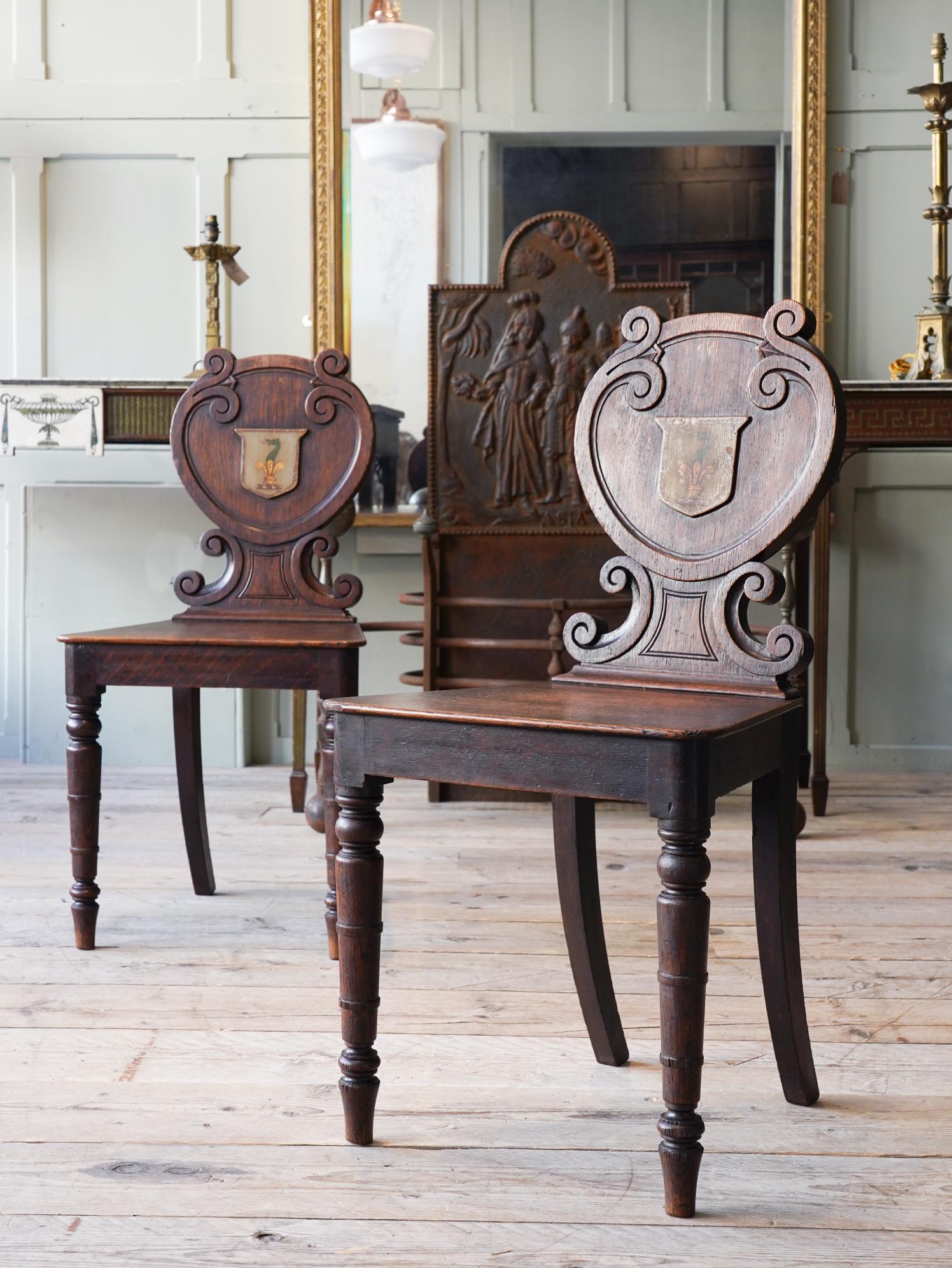 Pair of Oak Armorial Hall Chairs 5
