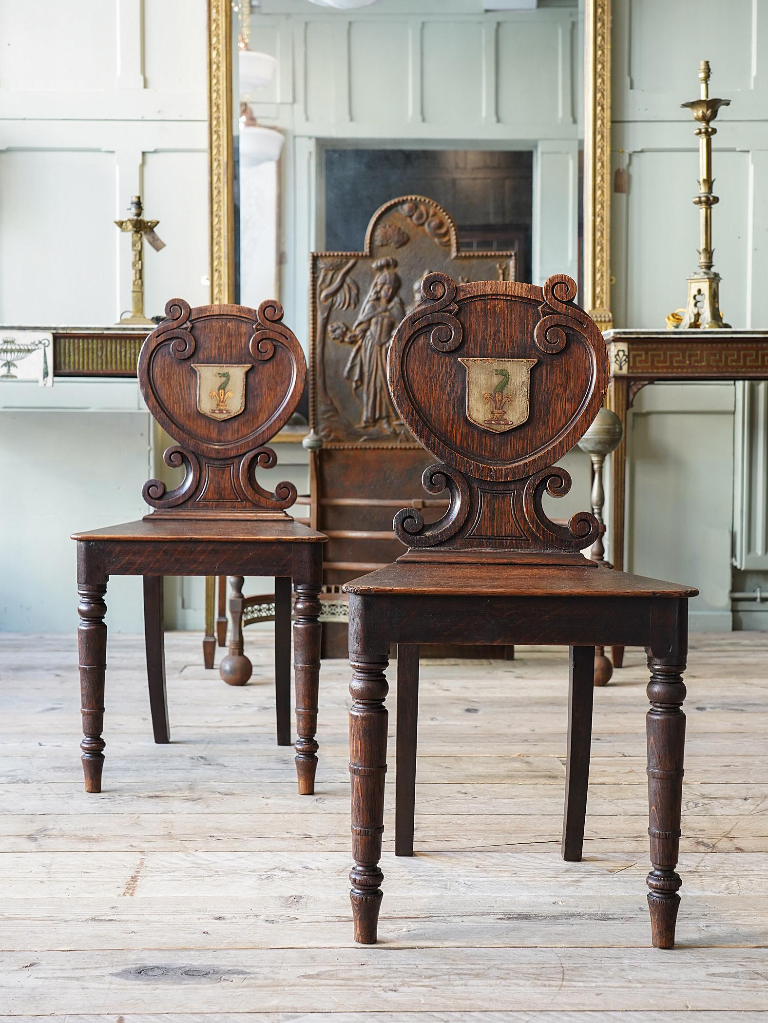 Mid-19th Century Pair of Oak Armorial Hall Chairs