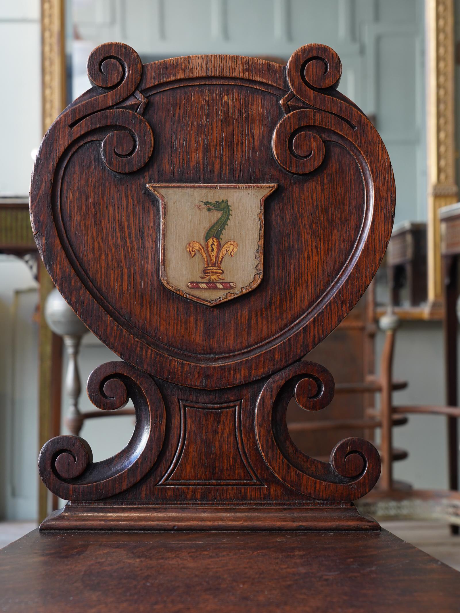 Pair of Oak Armorial Hall Chairs 2