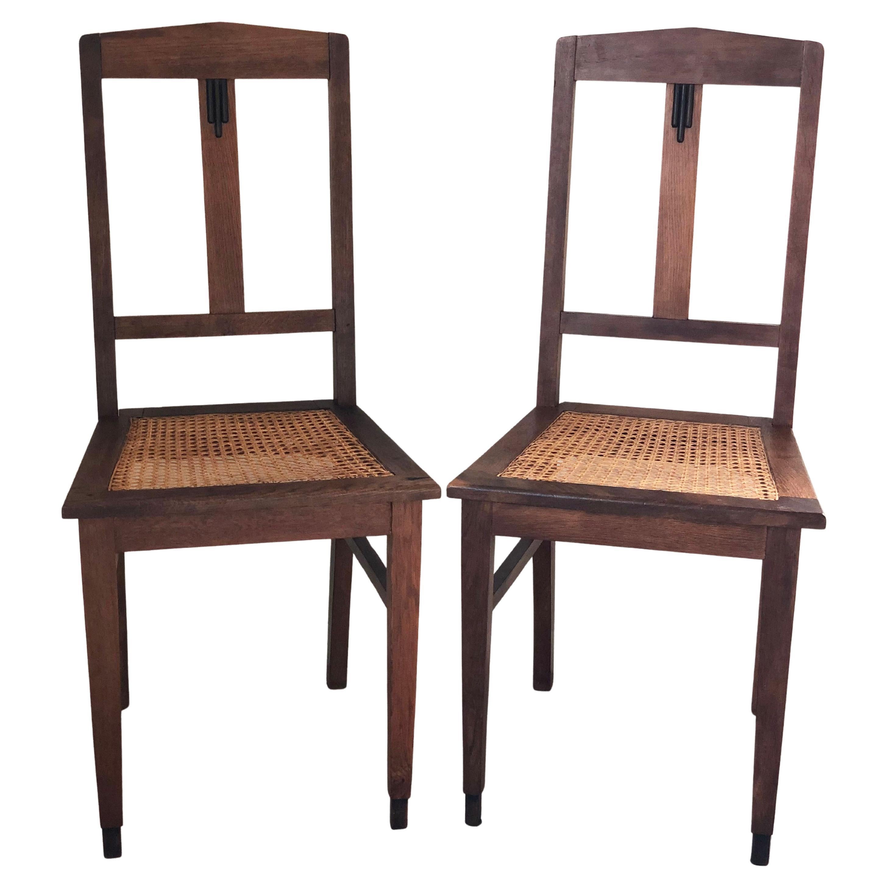 Pair of Oak Art Deco Amsterdam School Dining Chairs 1920s