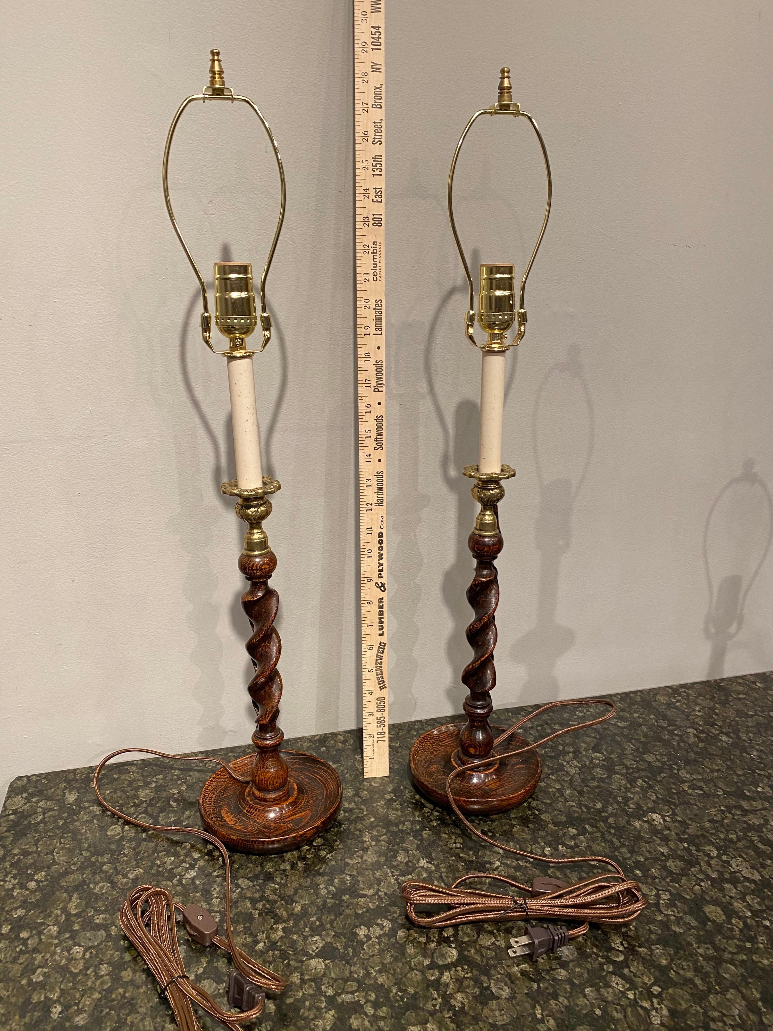 Pair of Oak Barley Turned Candlestick Lamps 4