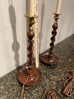 Pair of Oak Barley Turned Candlestick Lamps