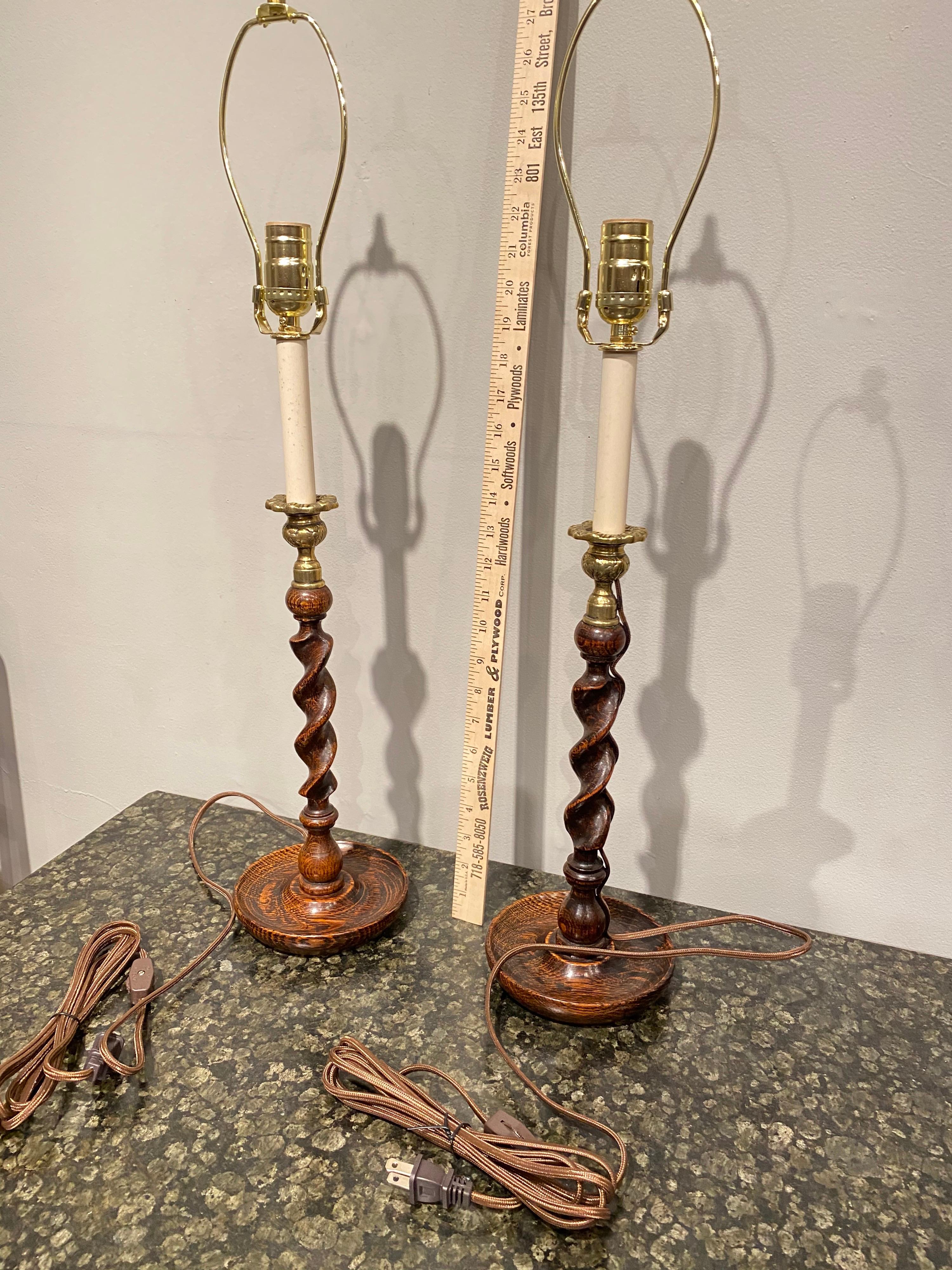 English Pair of Oak Barley Turned Candlestick Lamps