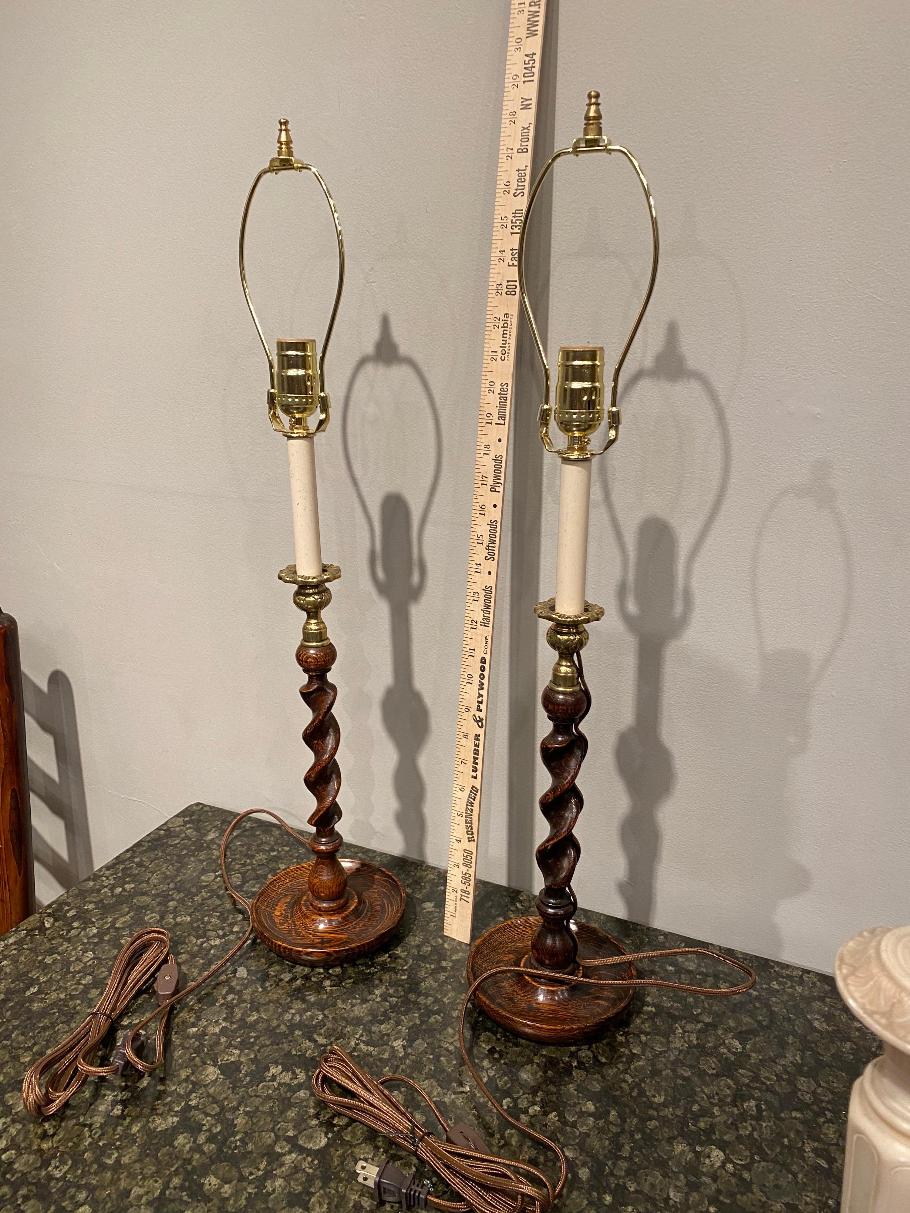 Pair of Oak Barley Turned Candlestick Lamps 2
