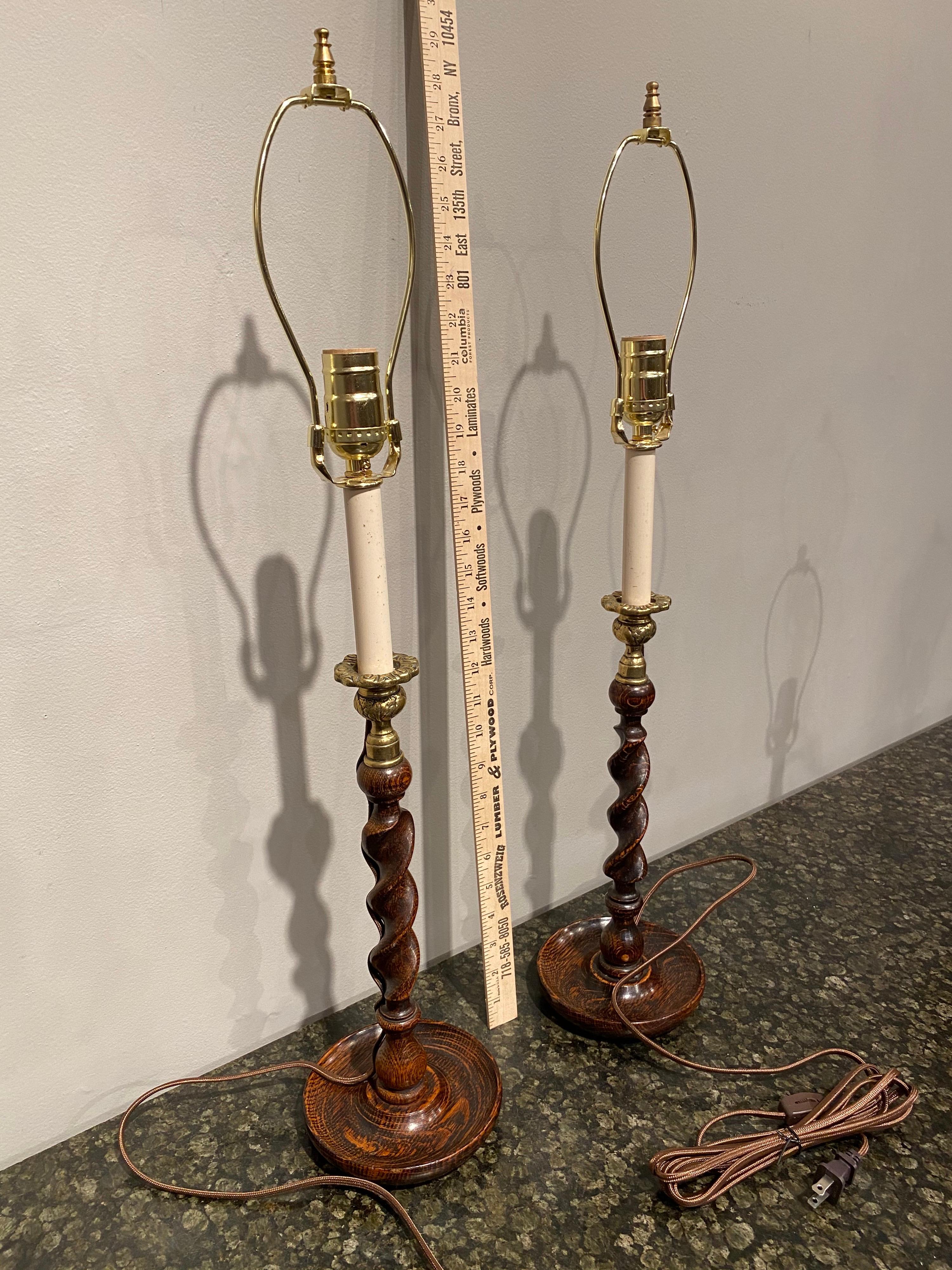 Pair of Oak Barley Turned Candlestick Lamps 3