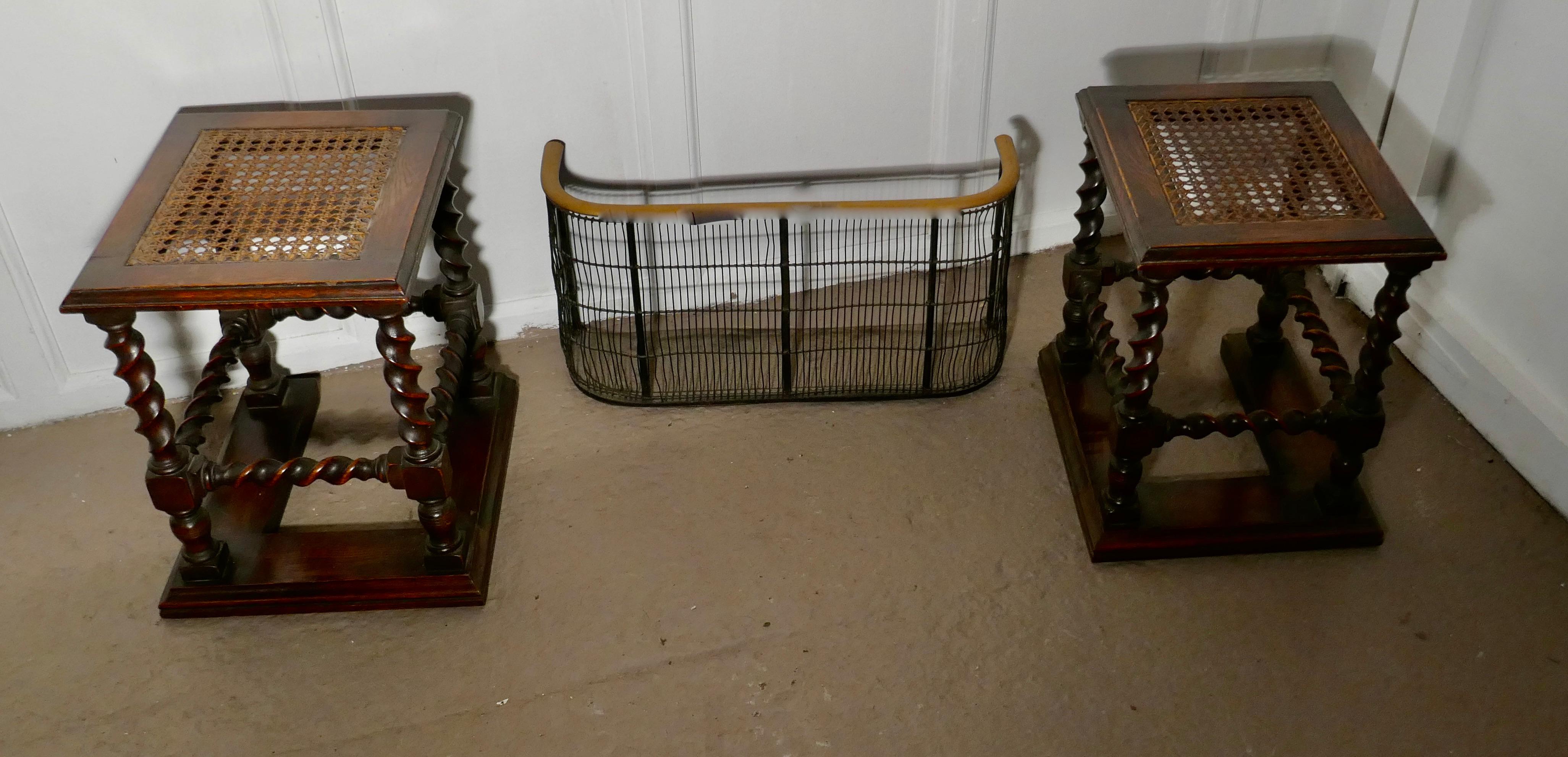 Pair of Oak Barley-Twist and Bergère Fireside Stools 1