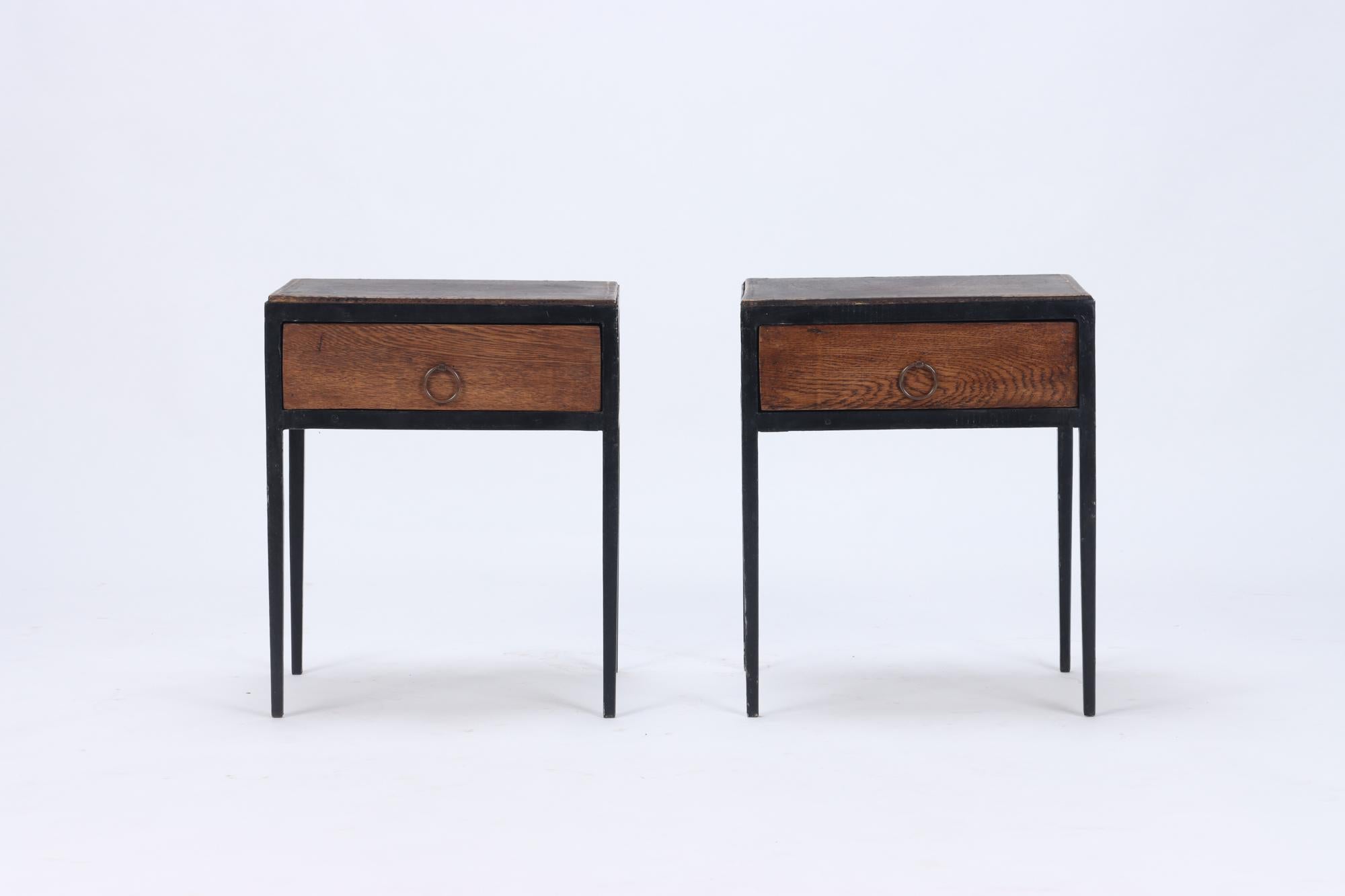 Pair of Oak, Leather and Iron Single Drawer Night Stands, circa 1945 In Good Condition In Philadelphia, PA