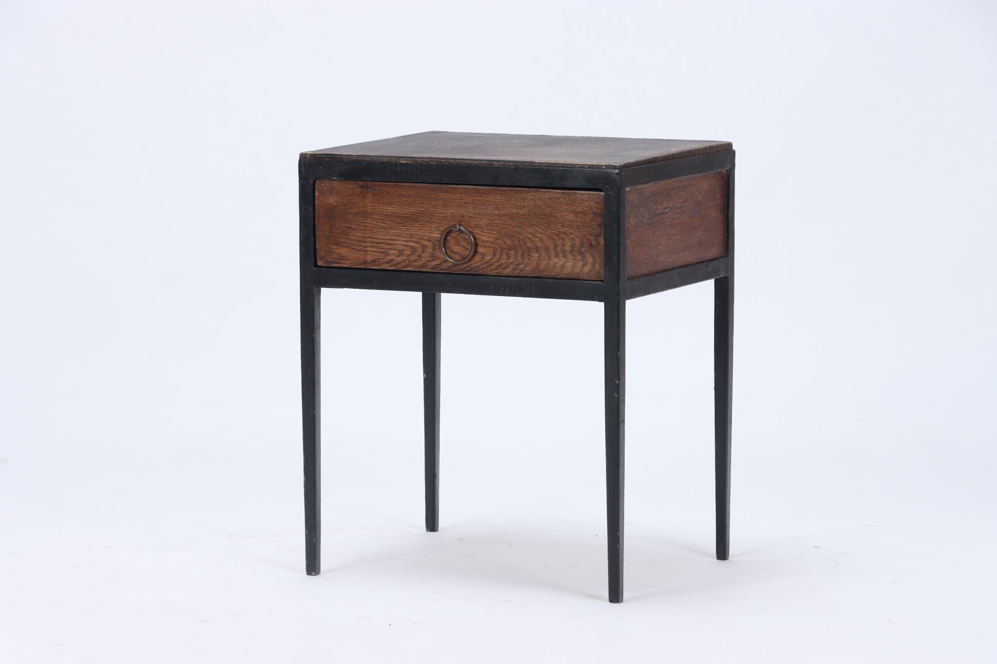 Mid-20th Century Pair of Oak, Leather and Iron Single Drawer Night Stands, circa 1945