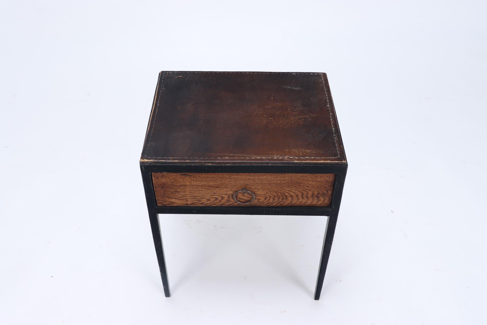 Pair of Oak, Leather and Iron Single Drawer Night Stands, circa 1945 1