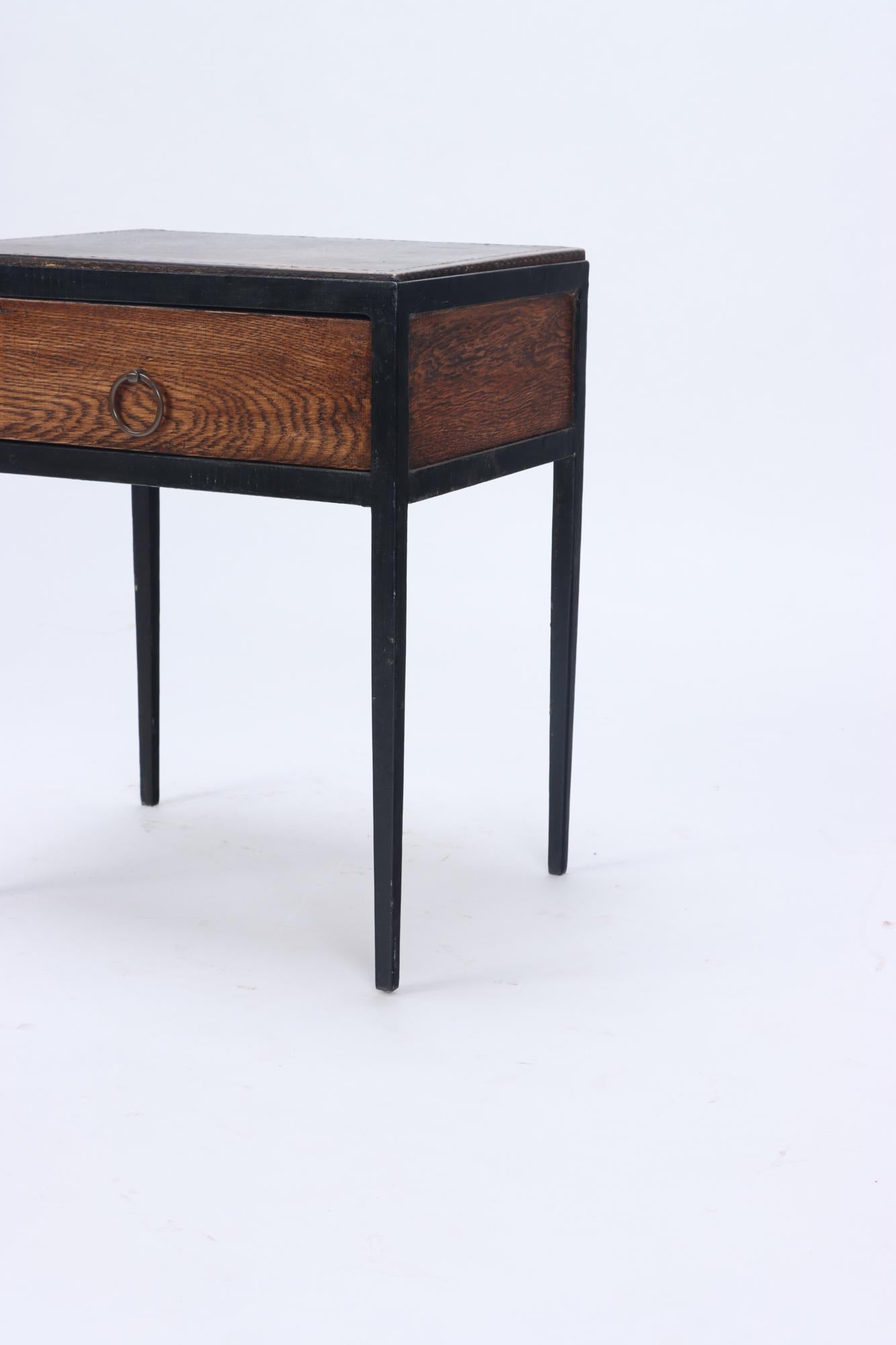 Pair of Oak, Leather and Iron Single Drawer Night Stands, circa 1945 2