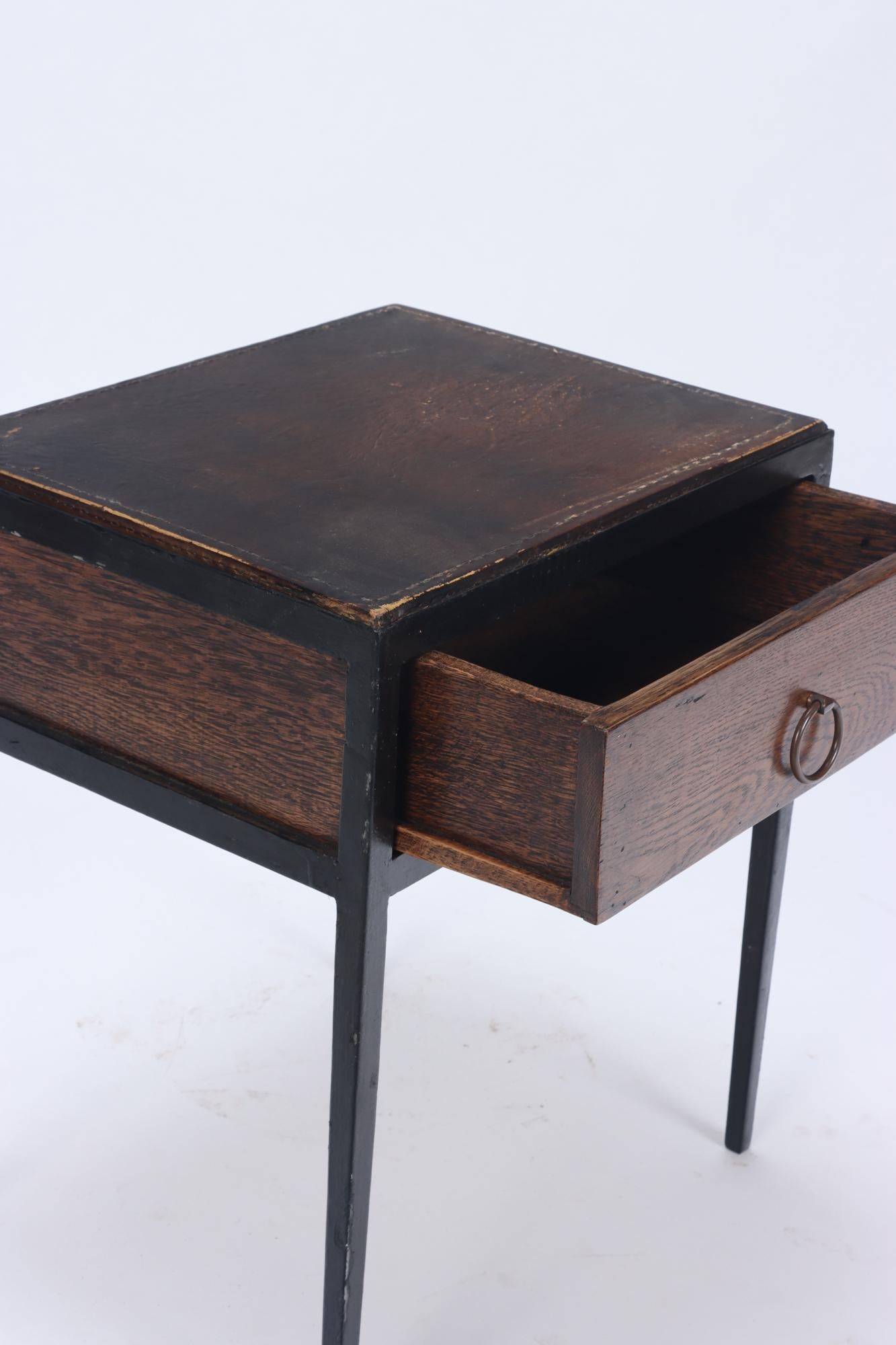 Pair of Oak, Leather and Iron Single Drawer Night Stands, circa 1945 4