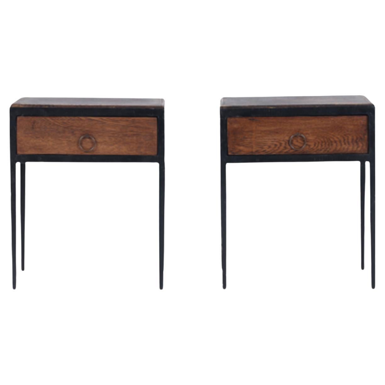 Pair of Oak, Leather and Iron Single Drawer Night Stands, circa 1945