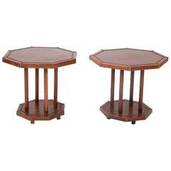 Pair of Octagonal Leather Clad Side Tables with Brass Nailing