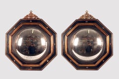 Coppia di specchi ottagonali in legno di cipresso laccato e pietre, Italia 1870.