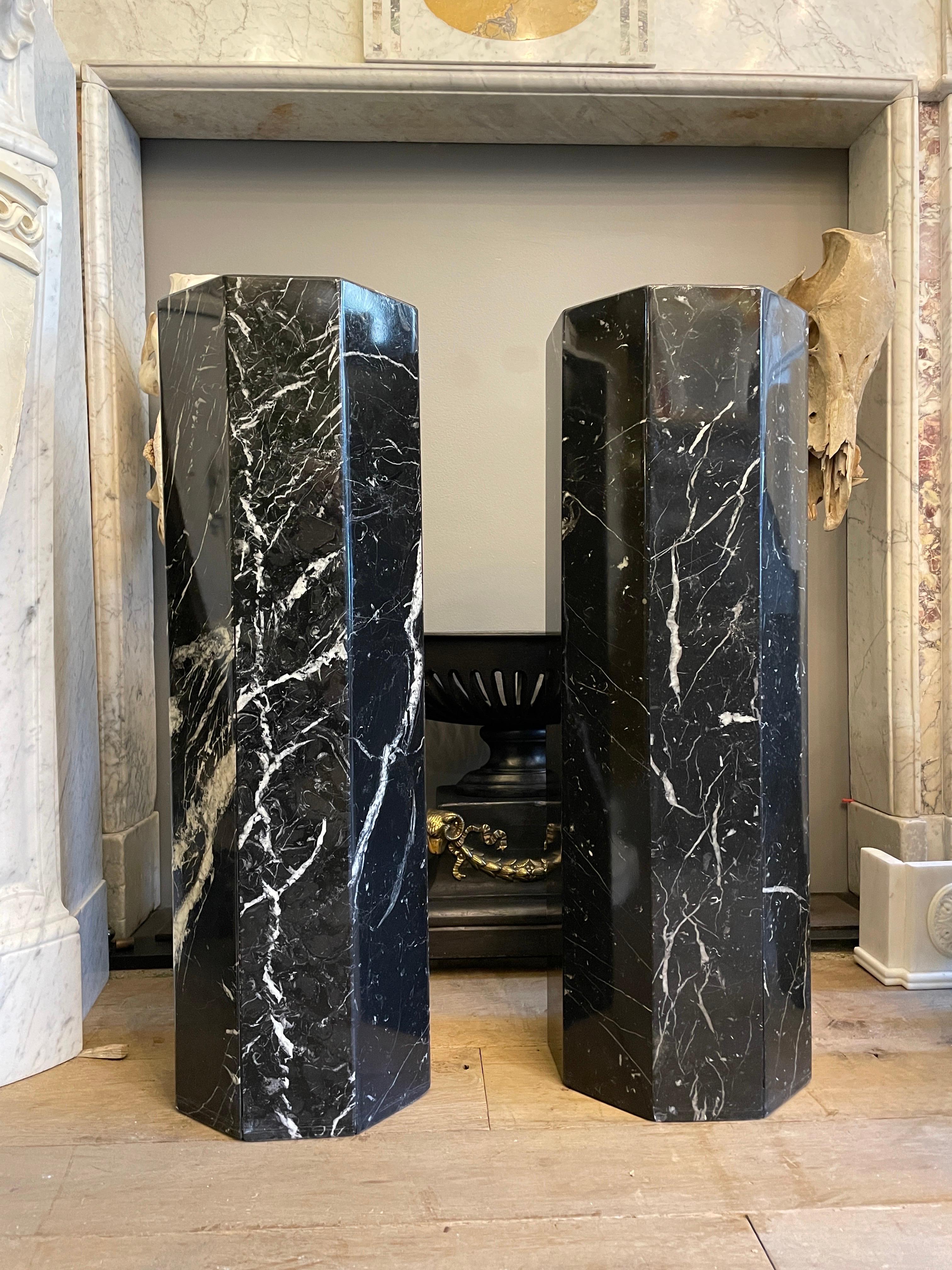 Pair of Octagonal Nero Marquina Marble Columns 5