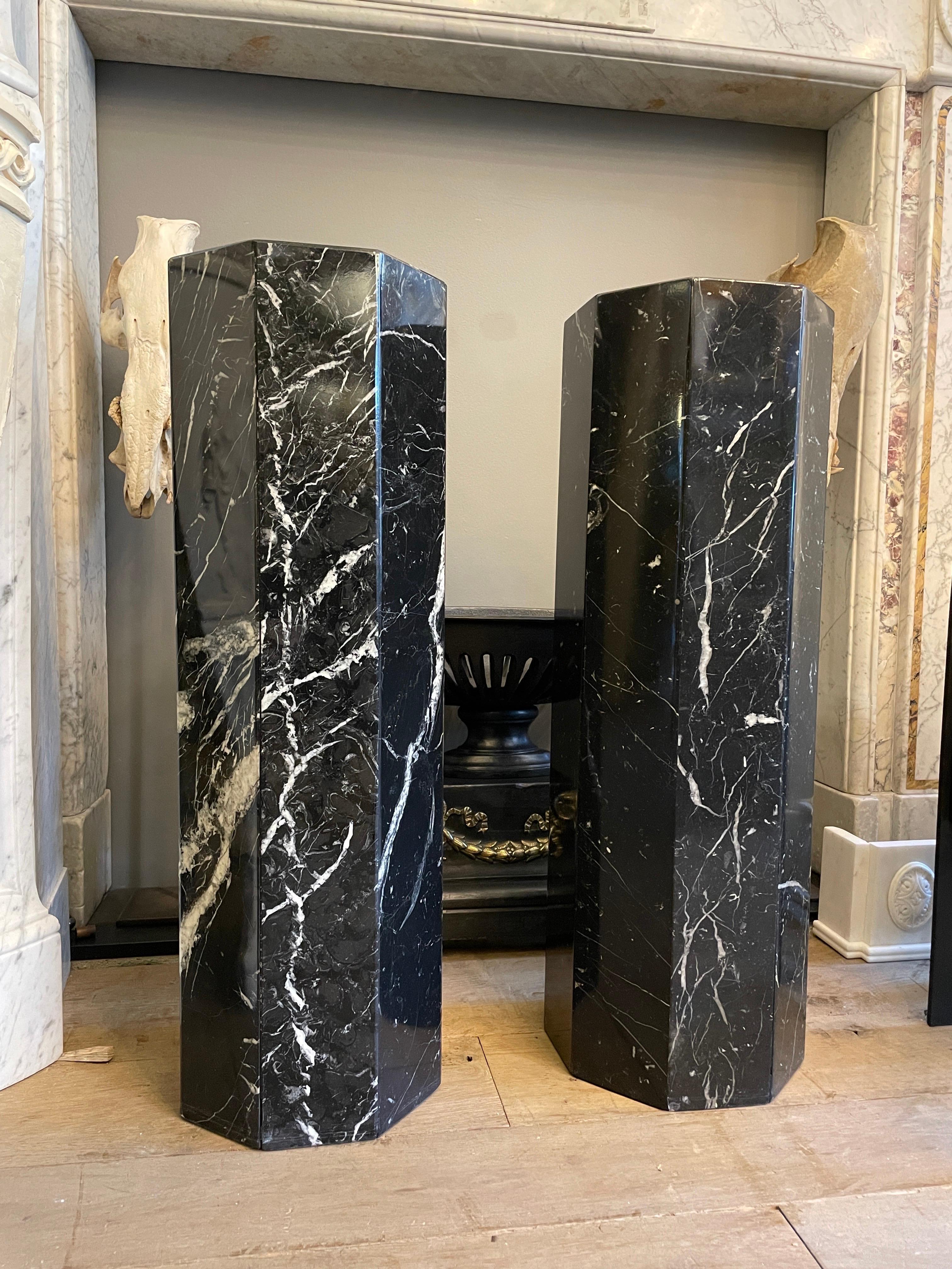 Pair of Octagonal Nero Marquina Marble Columns 2