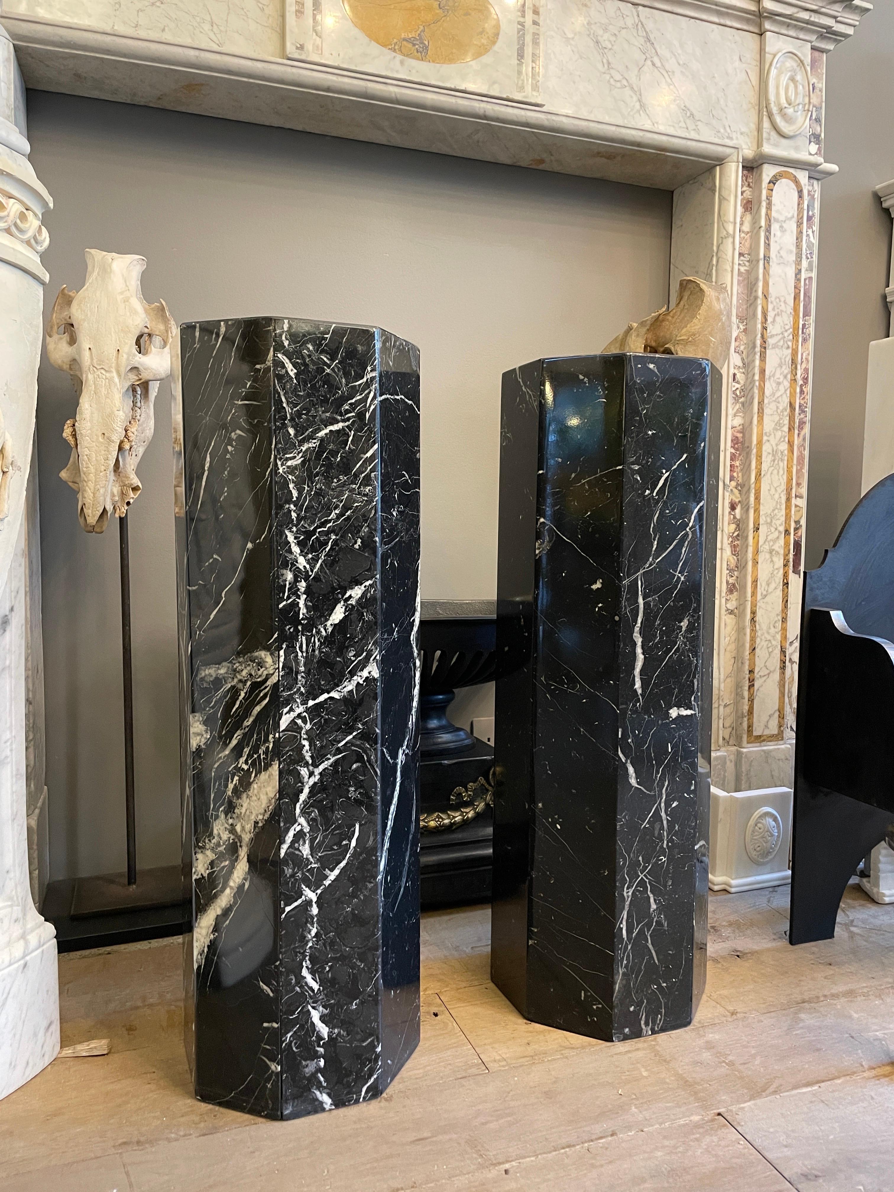 Pair of Octagonal Nero Marquina Marble Columns 3