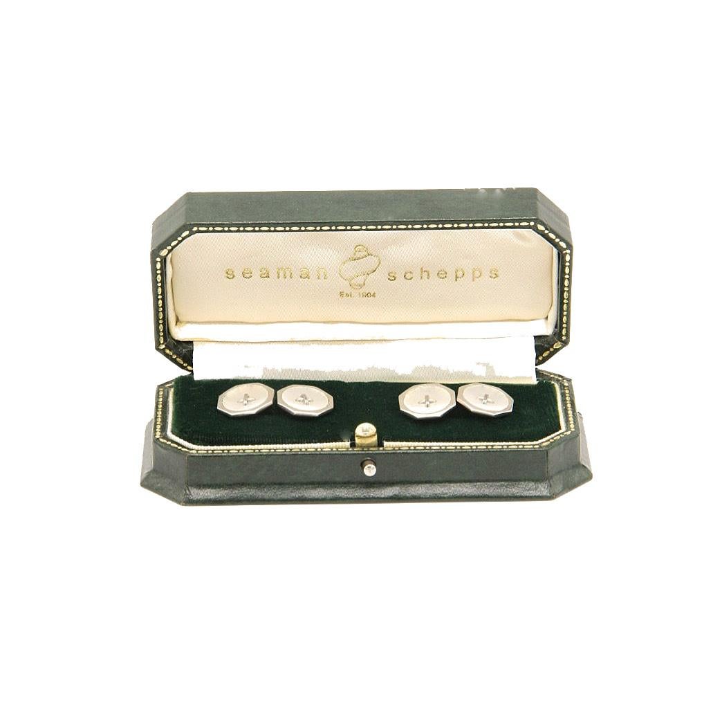 Pair of Octagonal White and Rose Gold, Mother of Pearl Cufflinks in Original Box In Good Condition For Sale In Windsor Forest, Berkshire