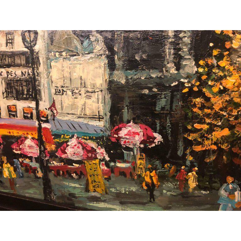 A classy pair of oil on canvas Parisian street scenes paintings signed by the artist R. Roywilsens. The paintings feature a modern ebonised and three dimensional frame. This pair of paintings will make a statement in any space and add charm and an