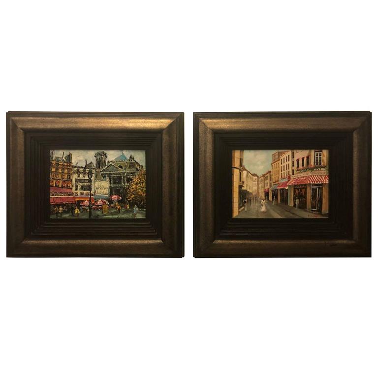 Pair of Oil on Canvas Parisian Street Scenes Paintings Signed R. Roywilsens For Sale