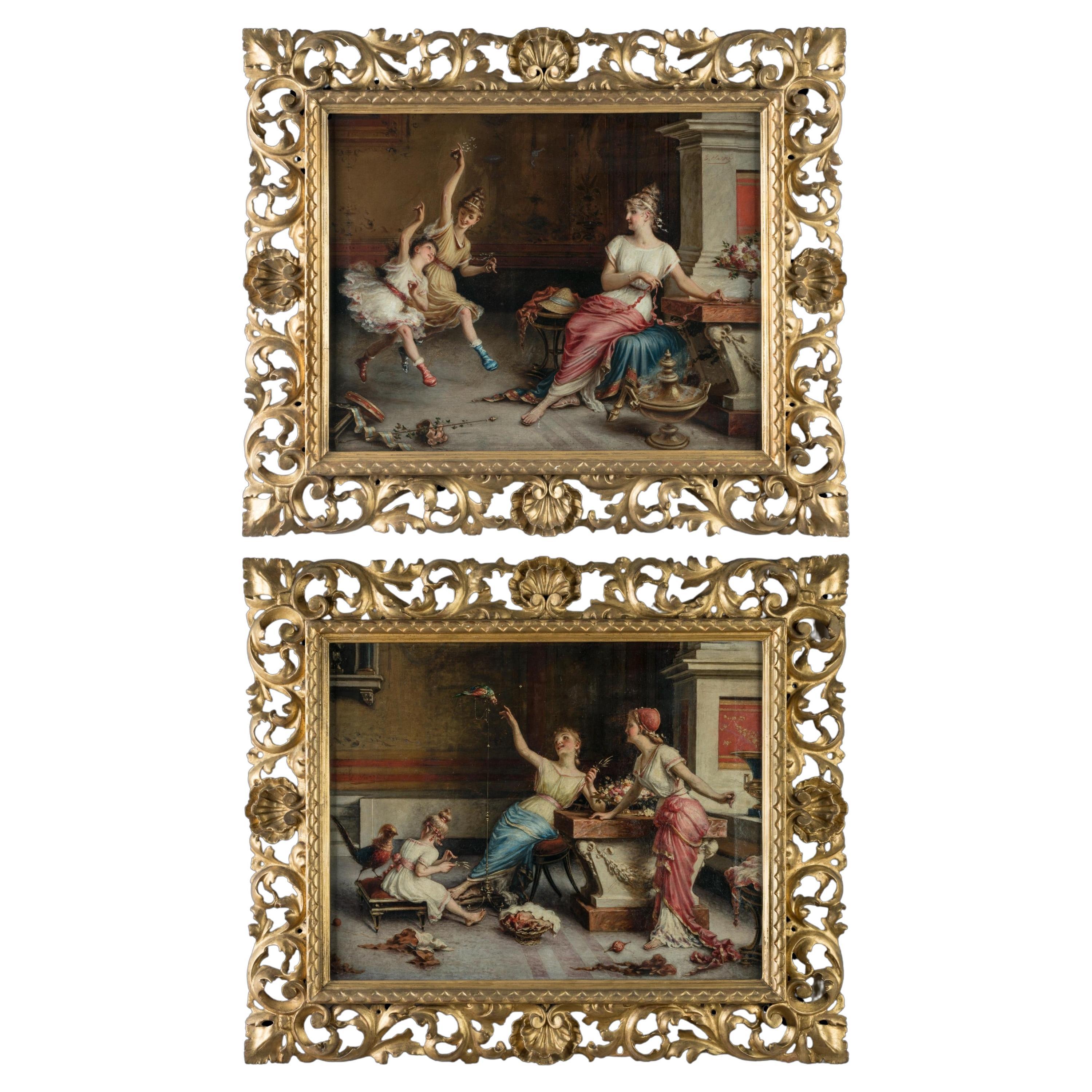 Pareja de óleos sobre lienzo Escenas interiores "pompeyanas" de Egisto Sarri de Florencia en venta
