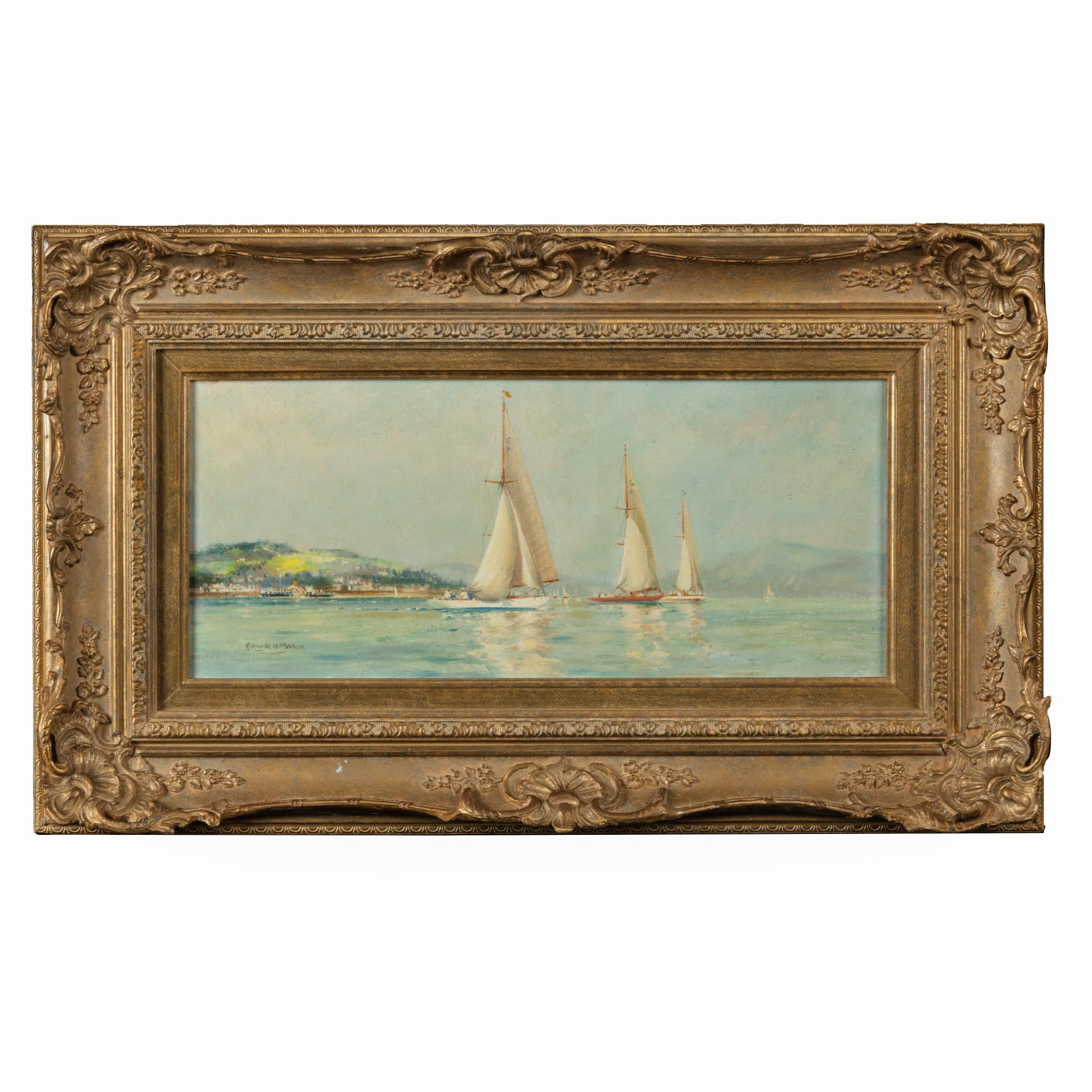 A pair of oil paintings of Clyde One Design yachts racing by Frank Henry Mason, oil on canvas each of rectangular form, both signed and with paper gallery labels from W.B. Simpson of Glasgow on the reverse, one, showing yachts under spinnaker on a