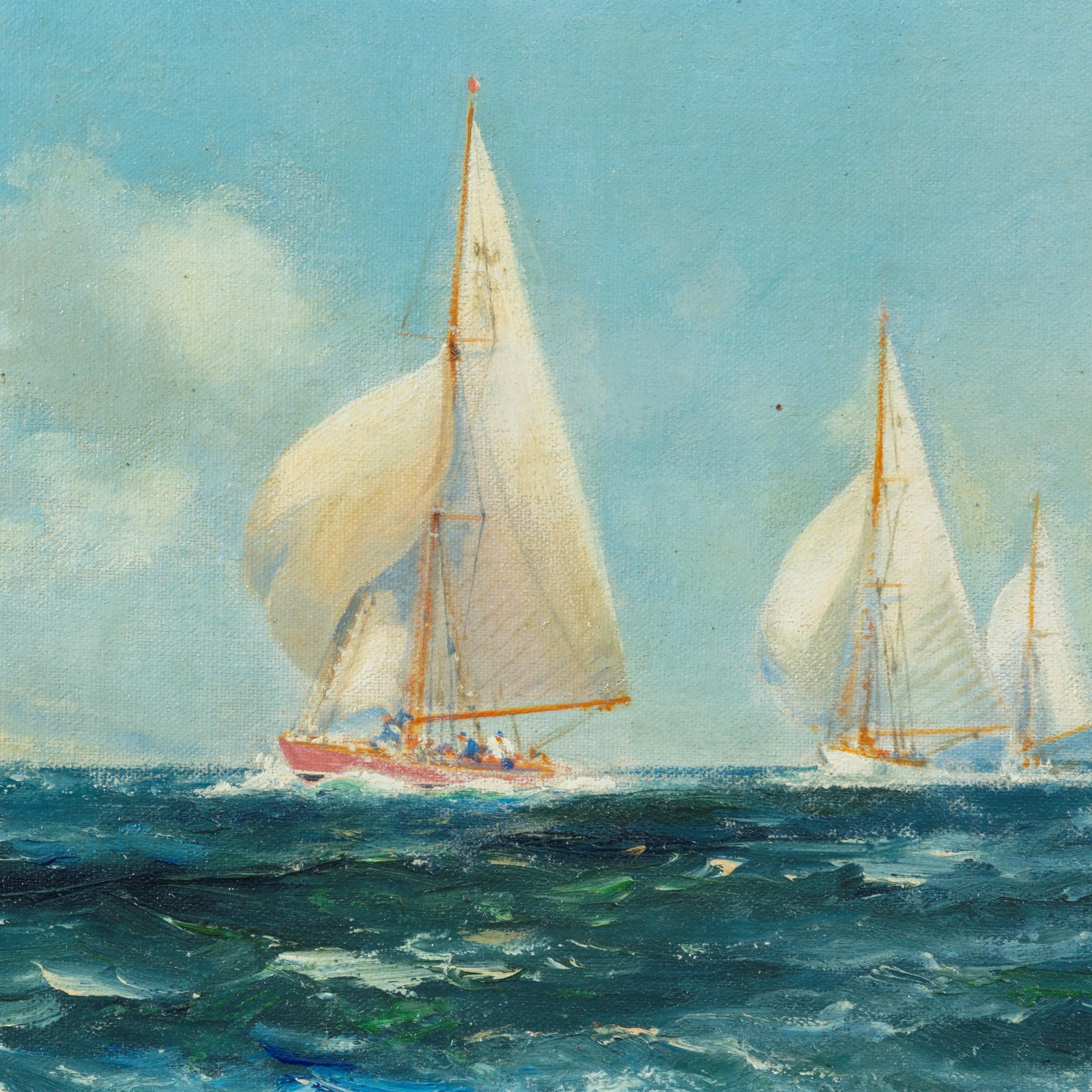 British Pair of Oil Paintings of Clyde One Design Yachts Racing by Frank Henry Mason