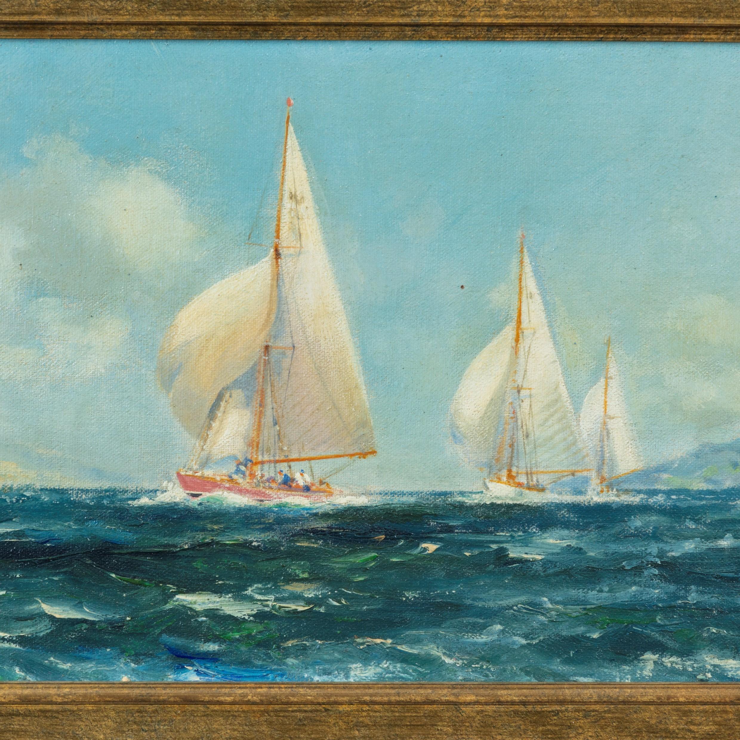Pair of Oil Paintings of Clyde One Design Yachts Racing by Frank Henry Mason In Good Condition In Lymington, Hampshire
