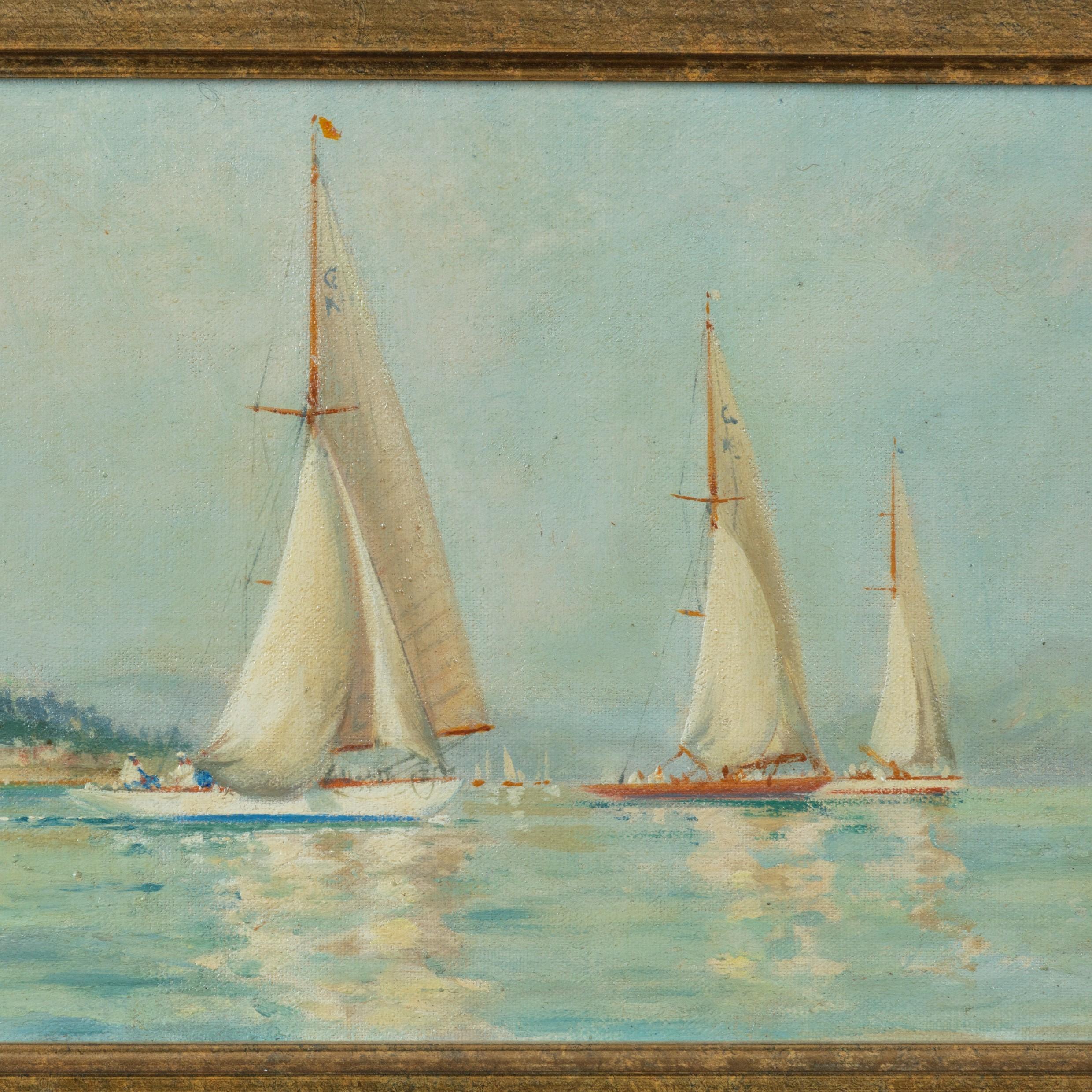Pair of Oil Paintings of Clyde One Design Yachts Racing by Frank Henry Mason 4