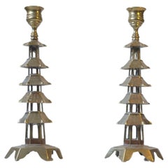 Pair of Old Chinese Pagoda Candlesticks in Brass