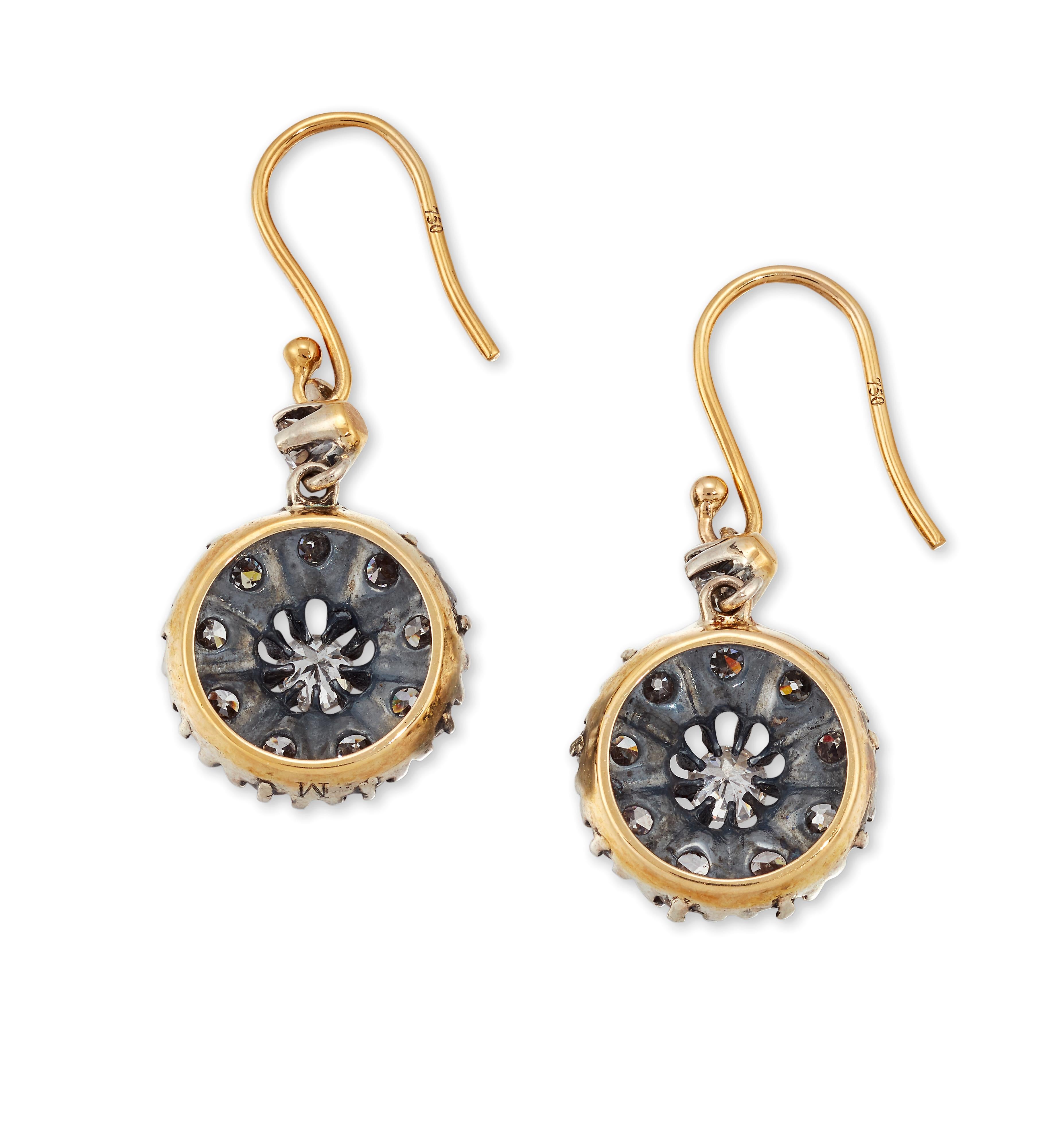 Contemporary Pair of Old-Cut Diamond Cluster Earrings Set in 18ct Yellow Gold and Silver For Sale