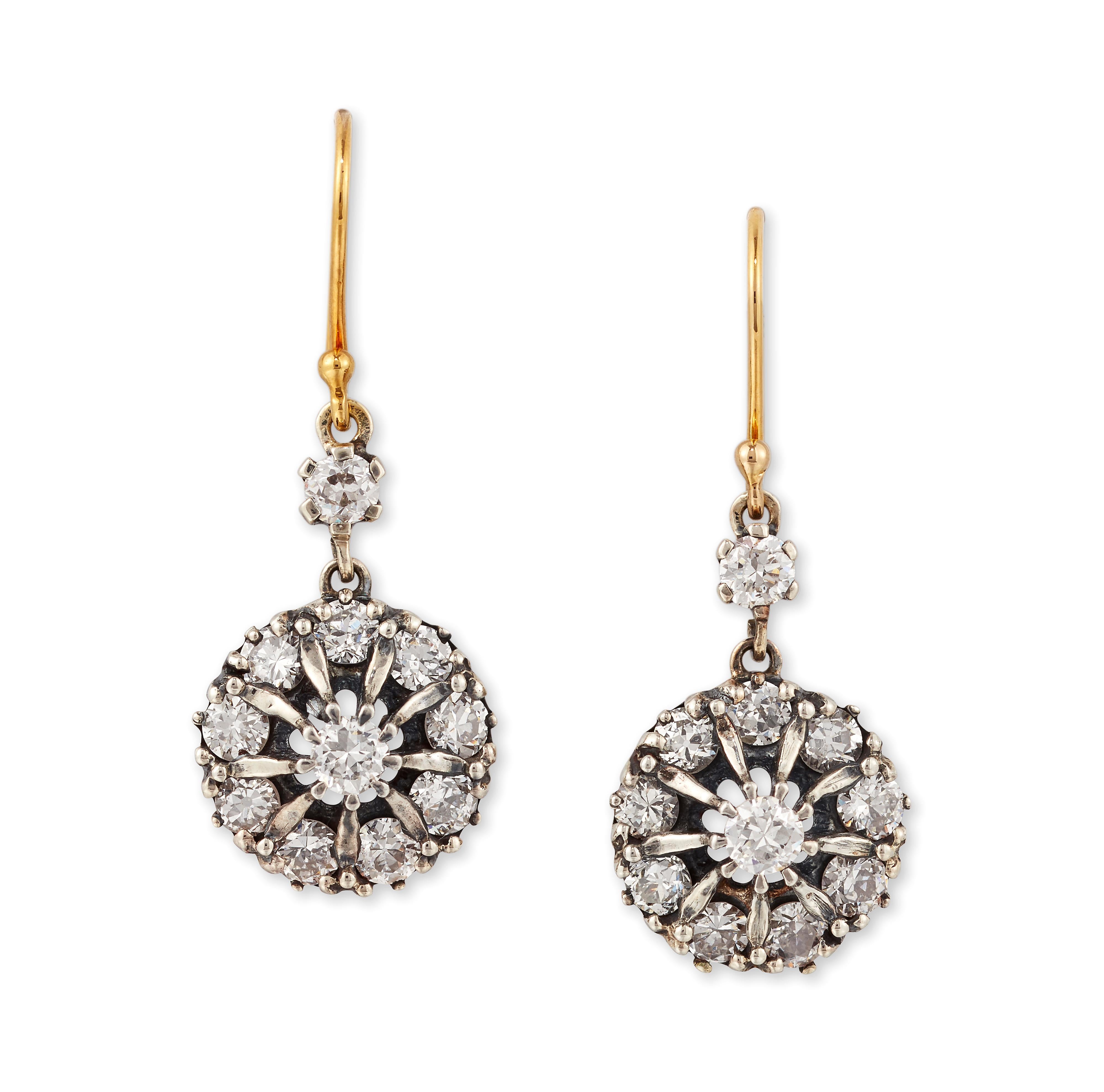Brilliant Cut Pair of Old-Cut Diamond Cluster Earrings Set in 18ct Yellow Gold and Silver For Sale