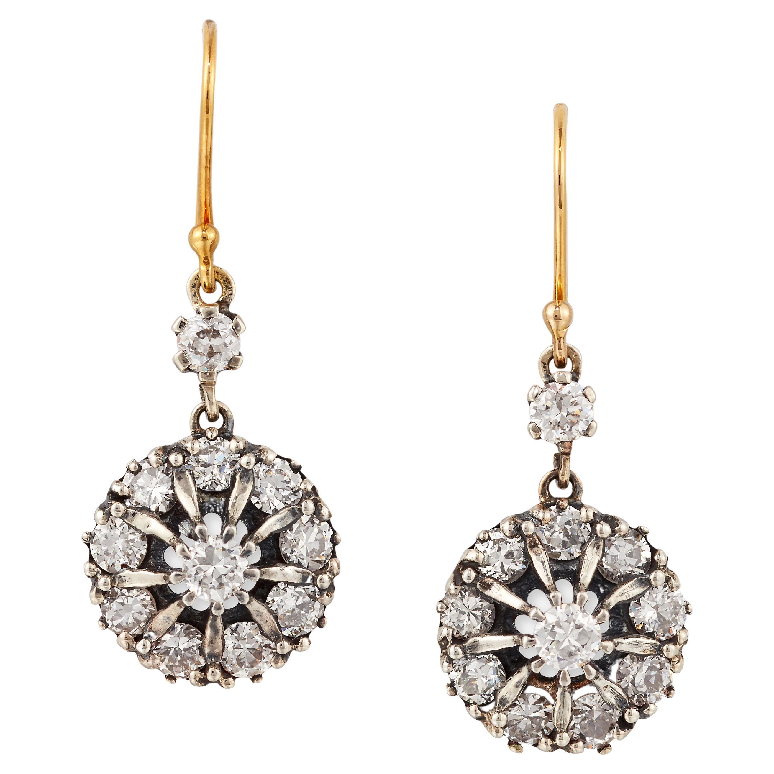 Pair of Old-Cut Diamond Cluster Earrings Set in 18ct Yellow Gold and Silver For Sale