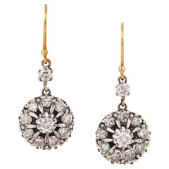 Pair of Old-Cut Diamond Cluster Earrings Set in 18ct Yellow Gold and Silver