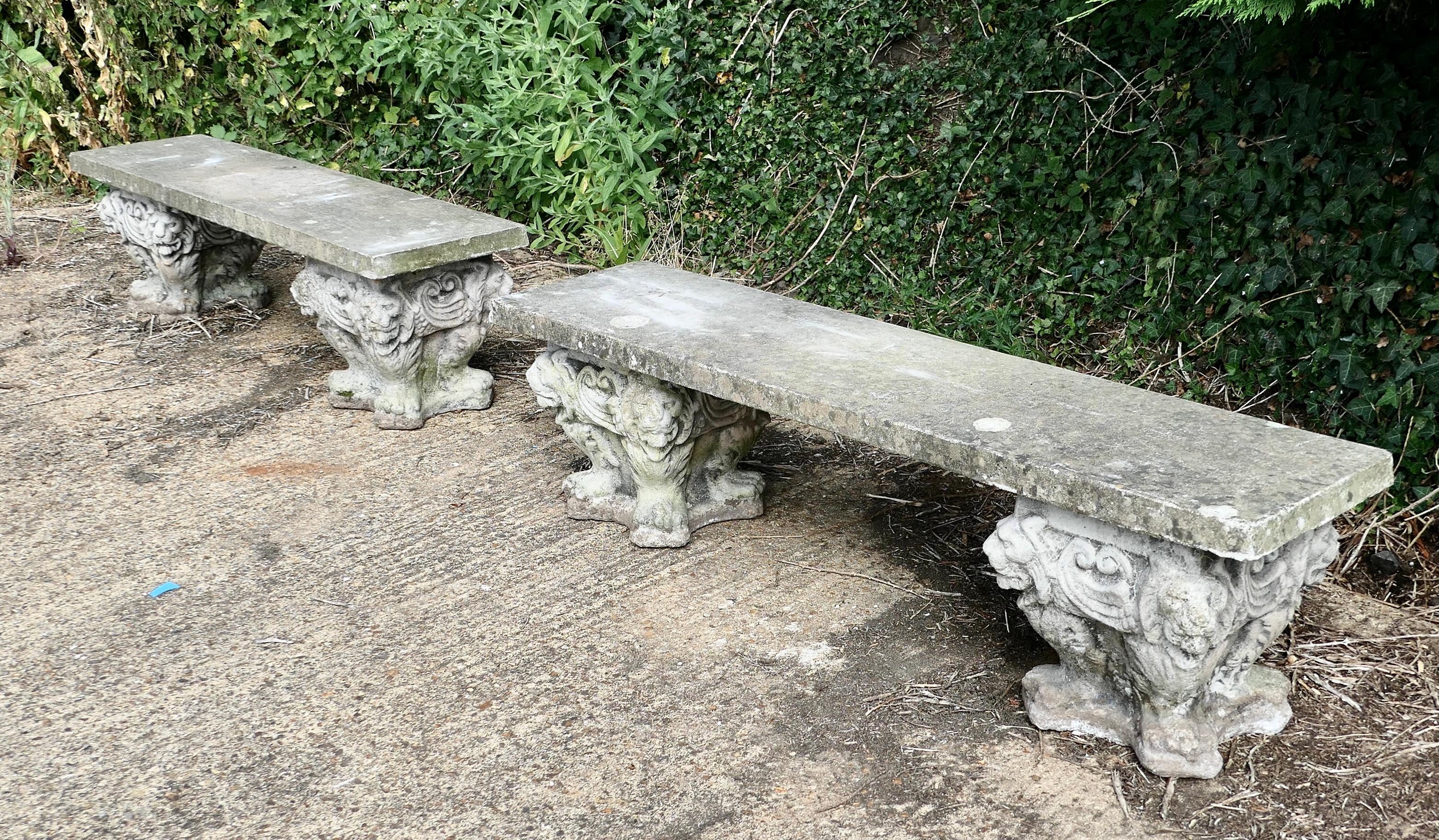 A pair of Old Gothic Weathered Stone Garden Benches 1